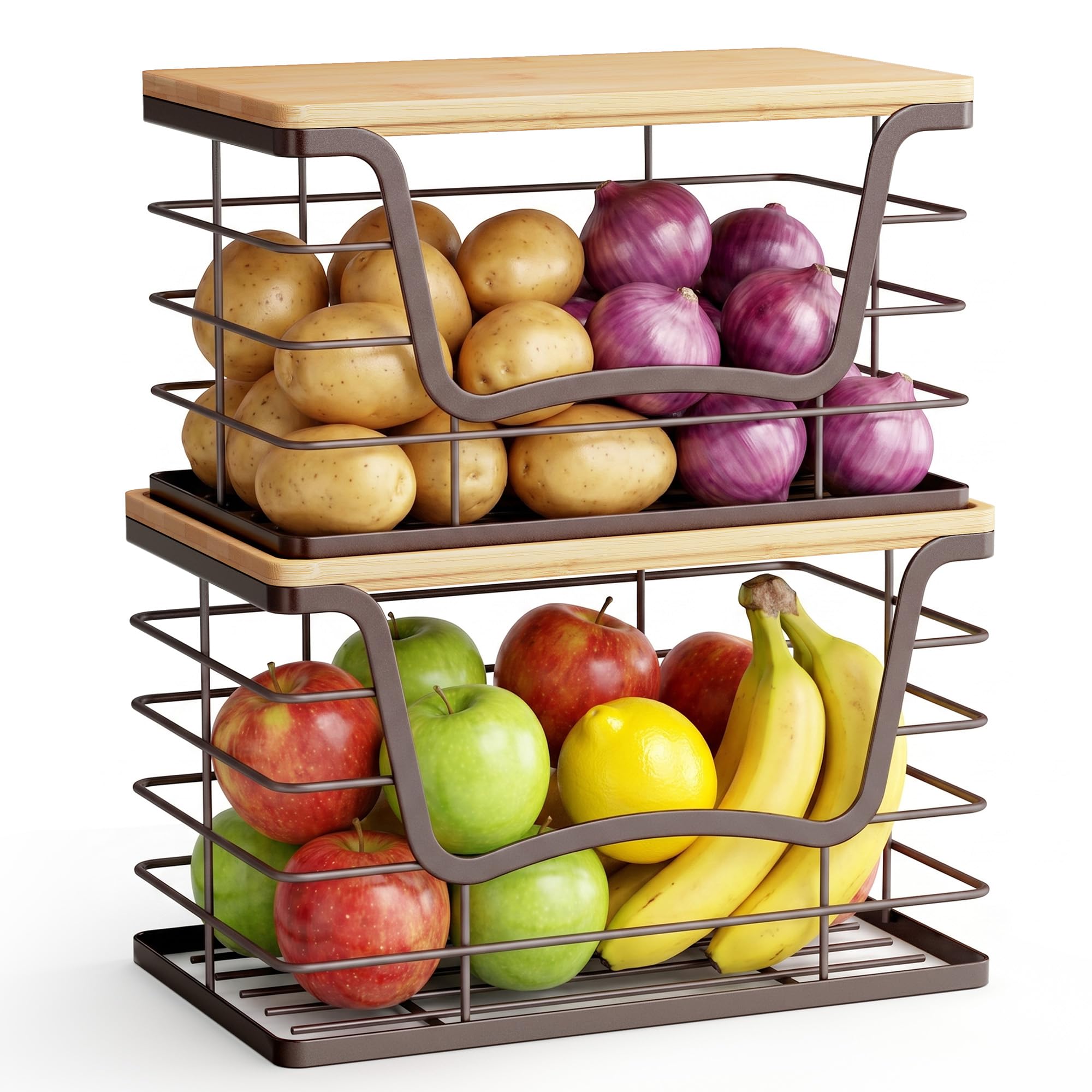 2 Pack Stackable Wire Storage Basket with Bamboo Lid (2 Count)