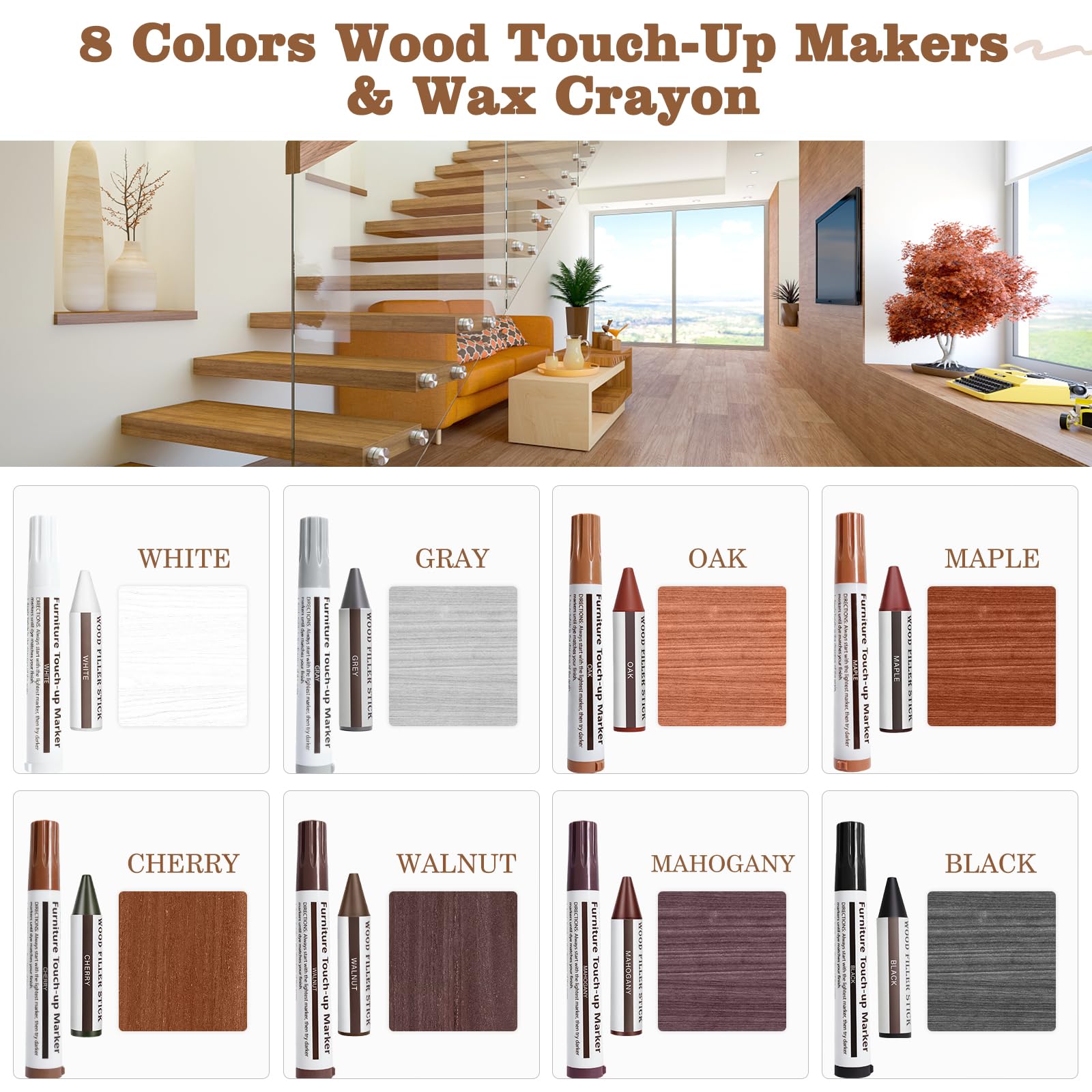8 Colors Wood Wax Sticks ＆ Wood Markers Furniture Repair Kit (19 Count)