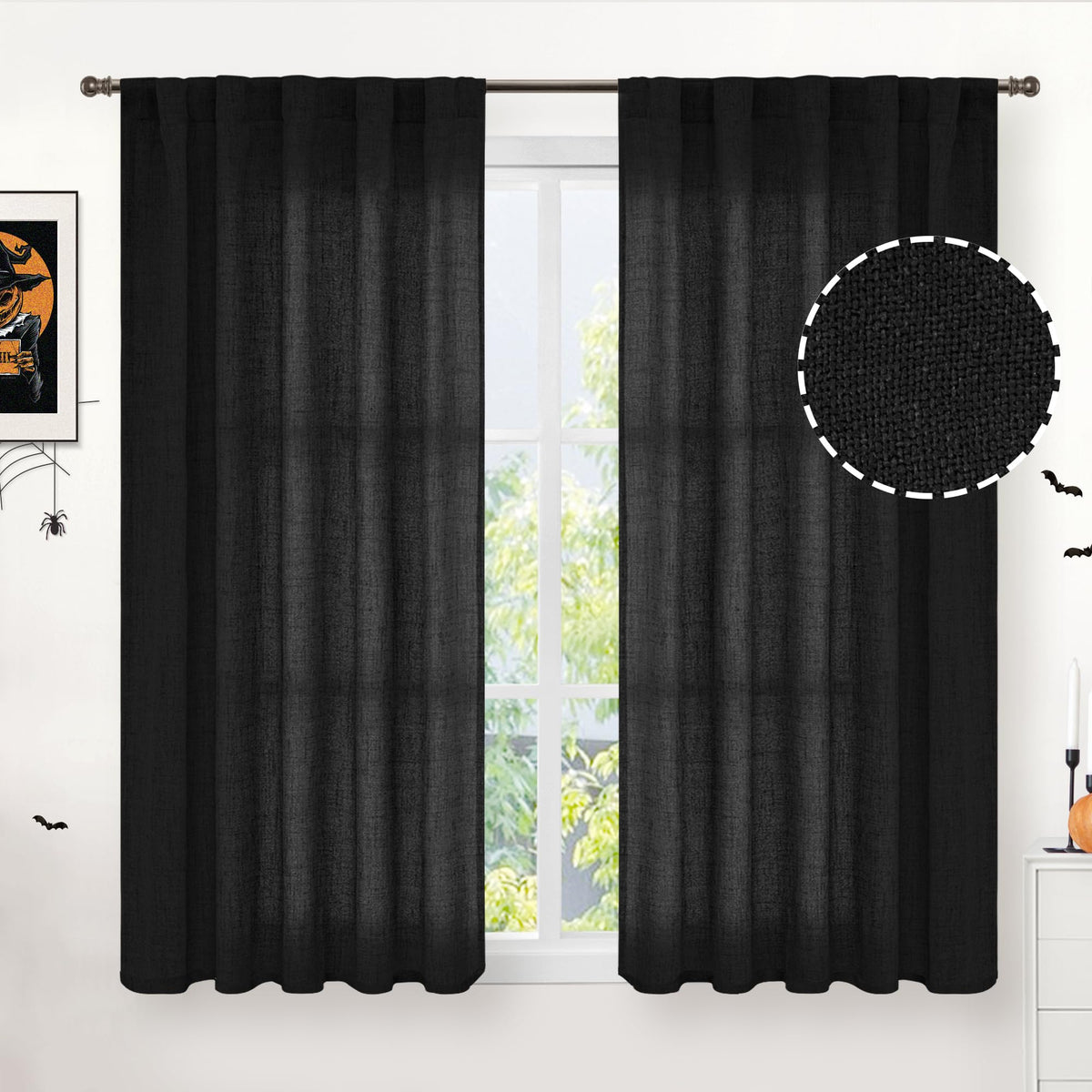 Black Linen Semi Sheer Curtains 45 Inches Long 2 Panels (2 Count)