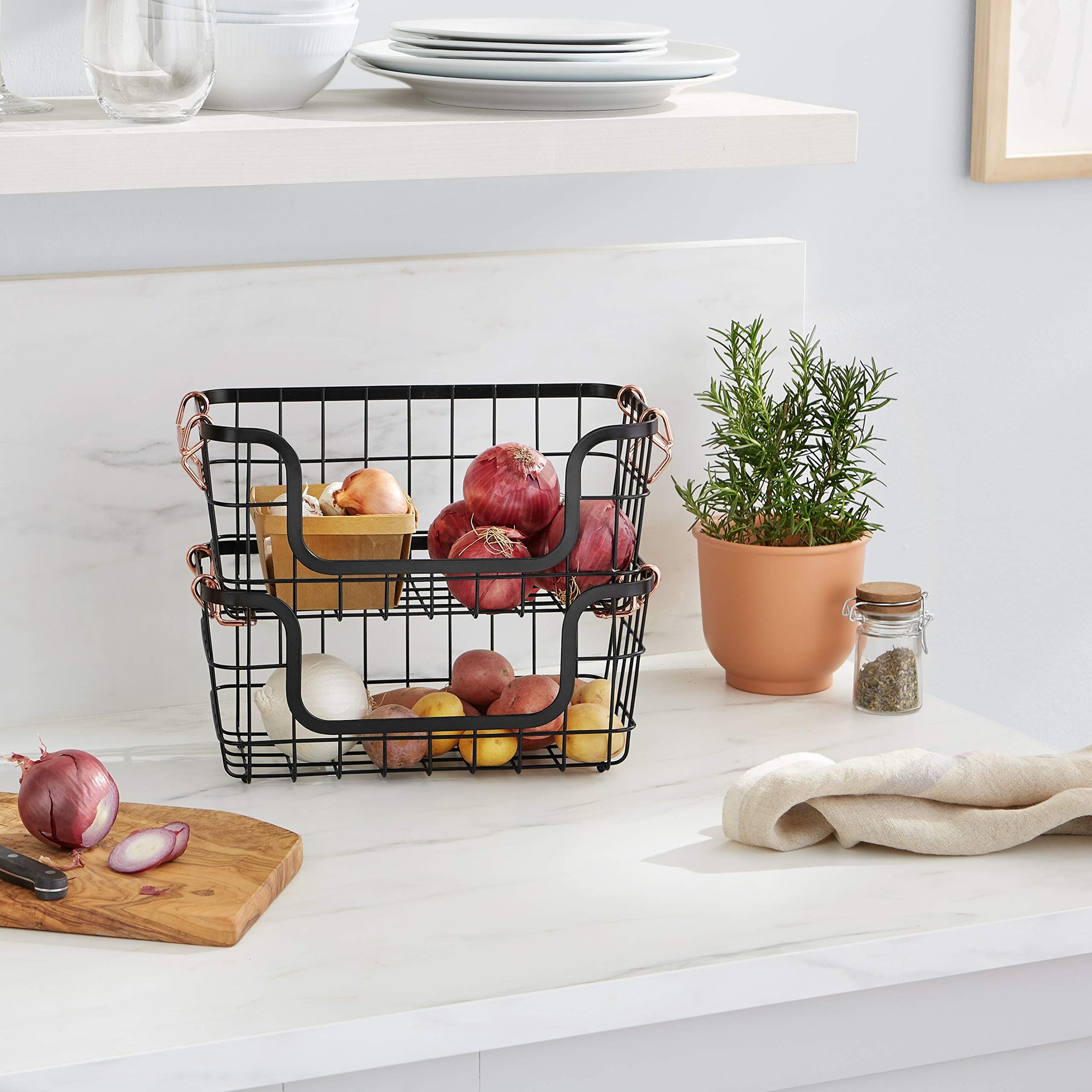 Stackable Metal Wire Rectangular Storage Baskets for Kitchen (2 Count)