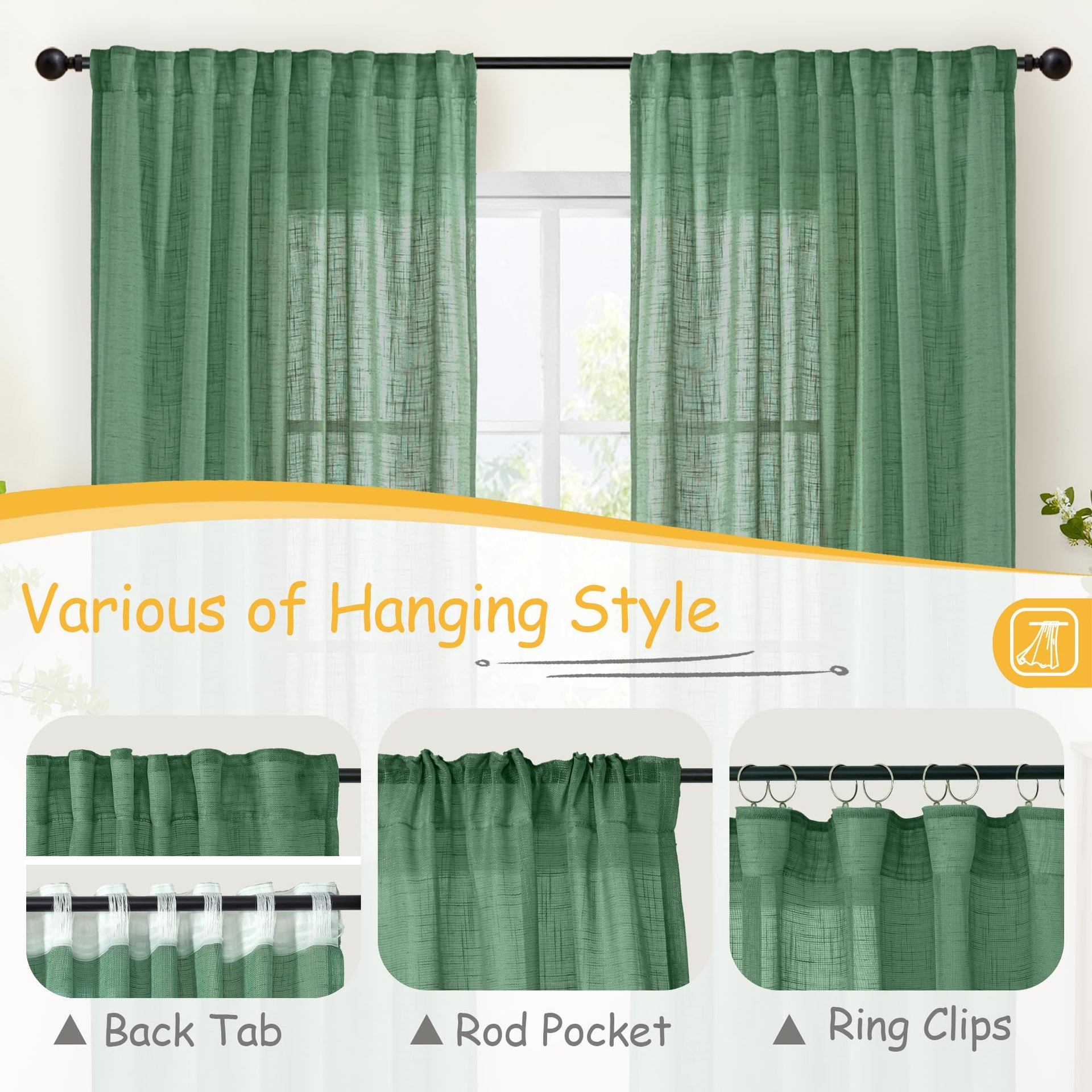 Green Linen Semi Sheer Curtains 63 Inch Length (2 Count)
