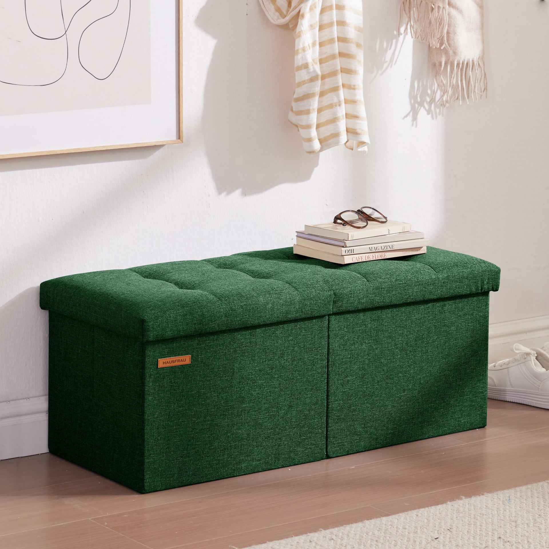 Ottoman with Storage Bench Folding Foot Rest Stool Linen Green