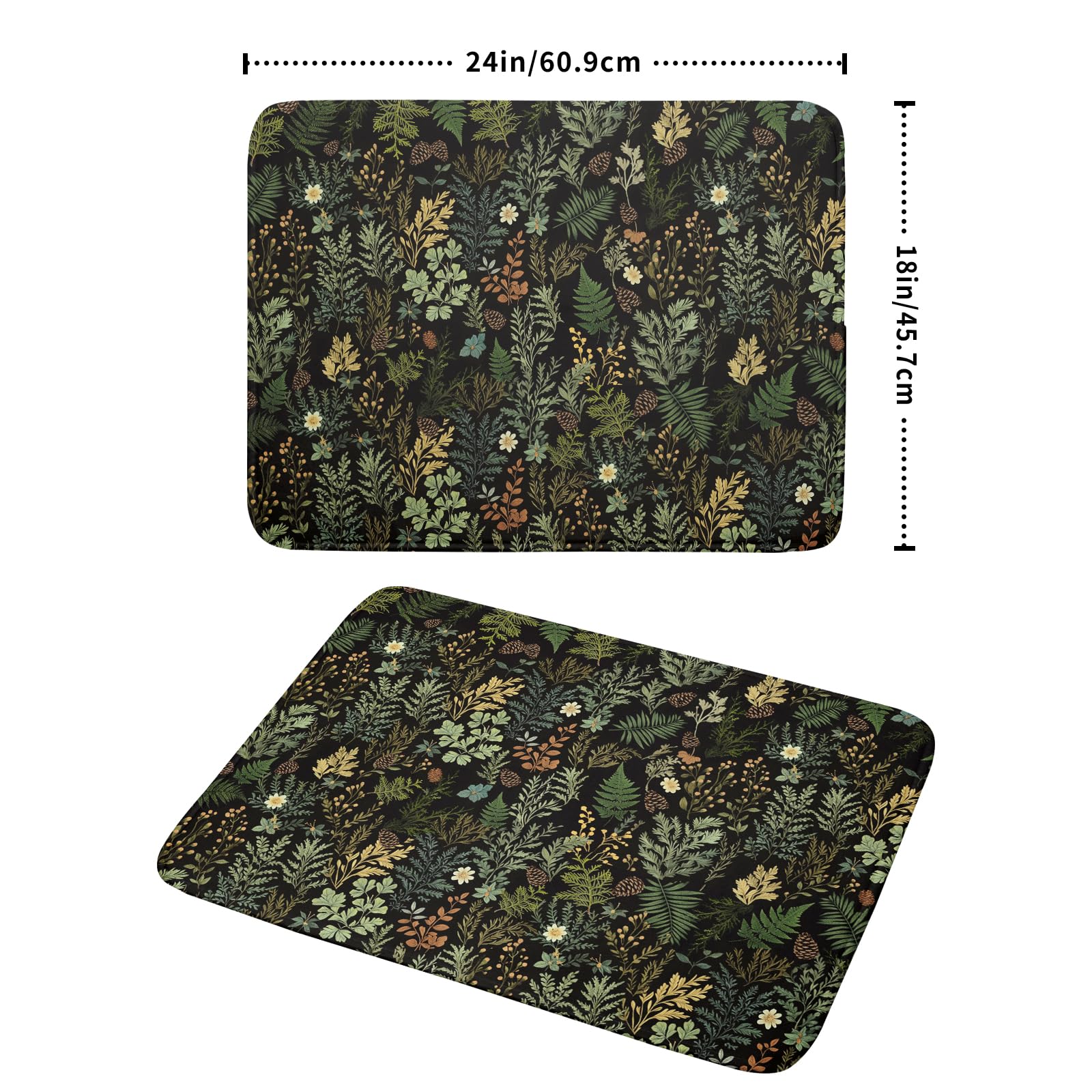 Black Green Botanical Dish Drying Mat for Kitchen Counter 18x24 Inch Super Absorbent Microfiber Kitchen Drying Mat Green Plant Fern Leaves Floral Dish Reusable Washable Dish Drying Pad for Coffee Bar