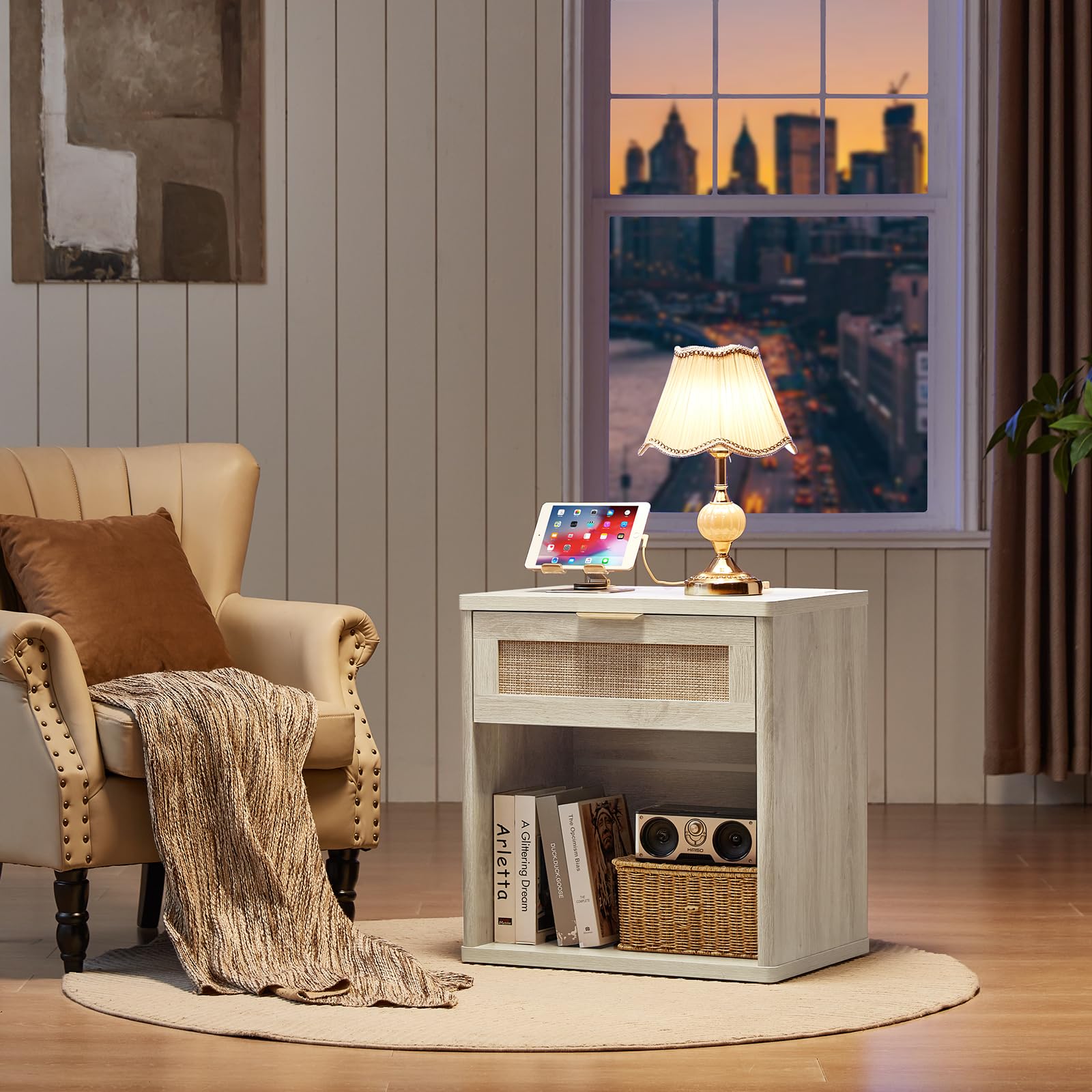 Rattan Nightstand with Charging Station