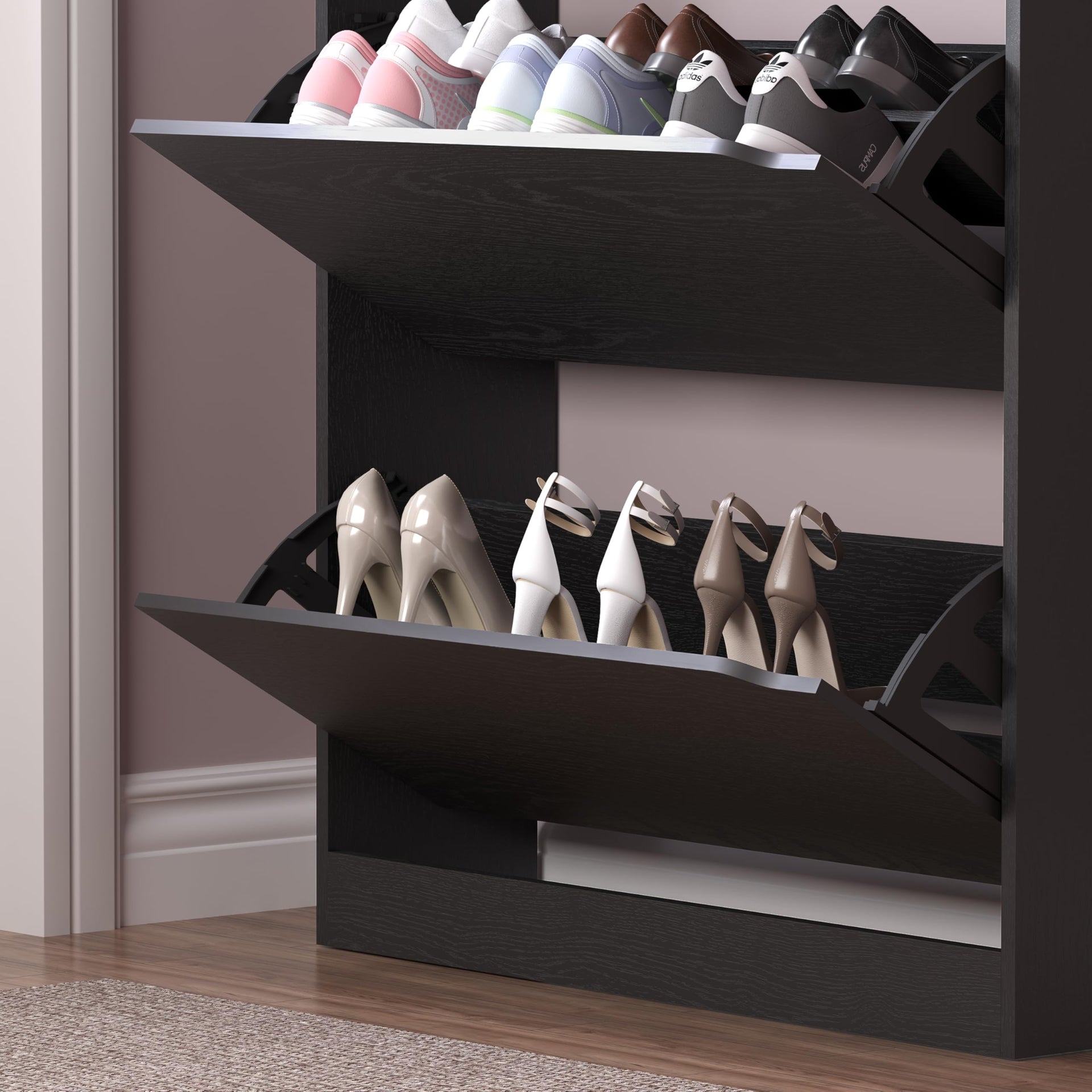 Shoe Cabinet with 3 Flip Drawers & Coat Rack