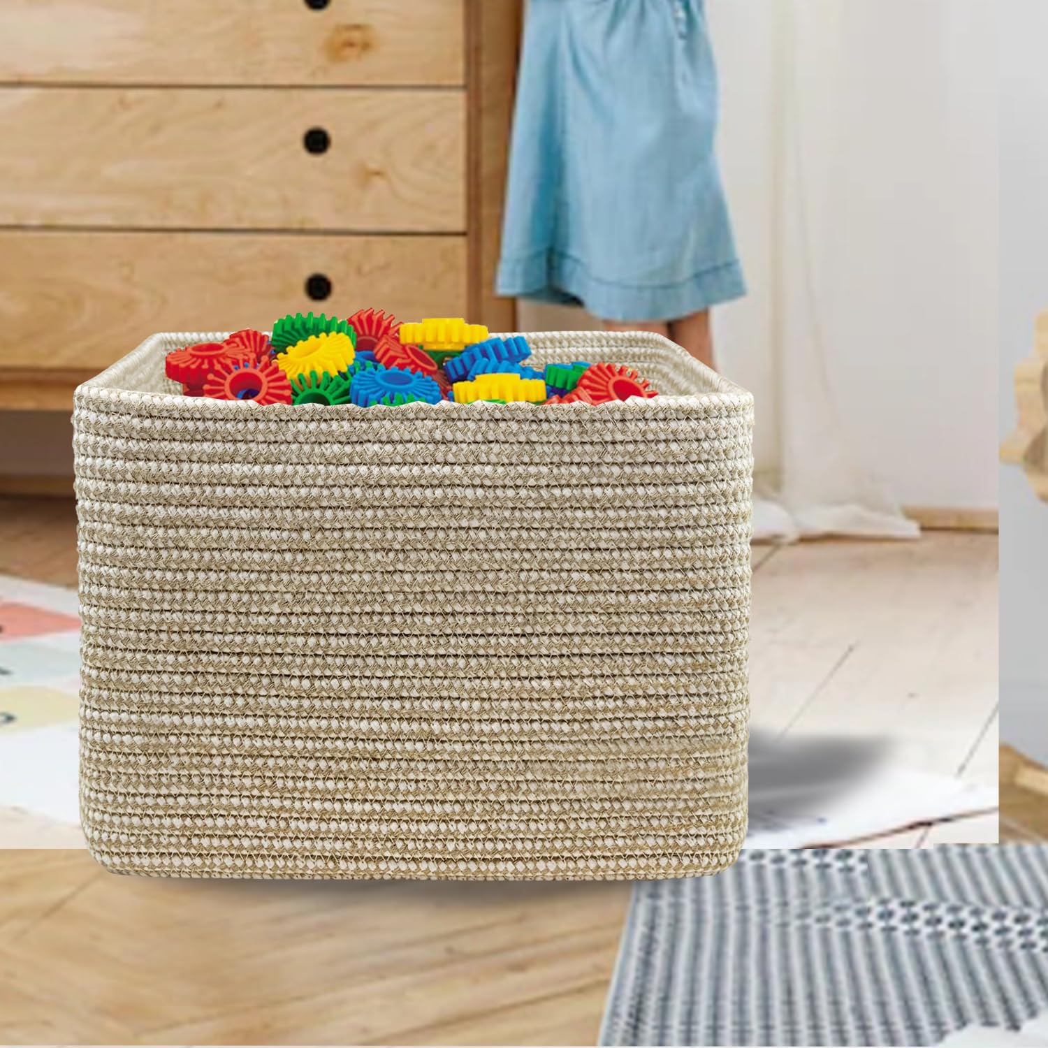 3PACK Cotton Rope Square Basket with Handles for Shelves (3 Count)