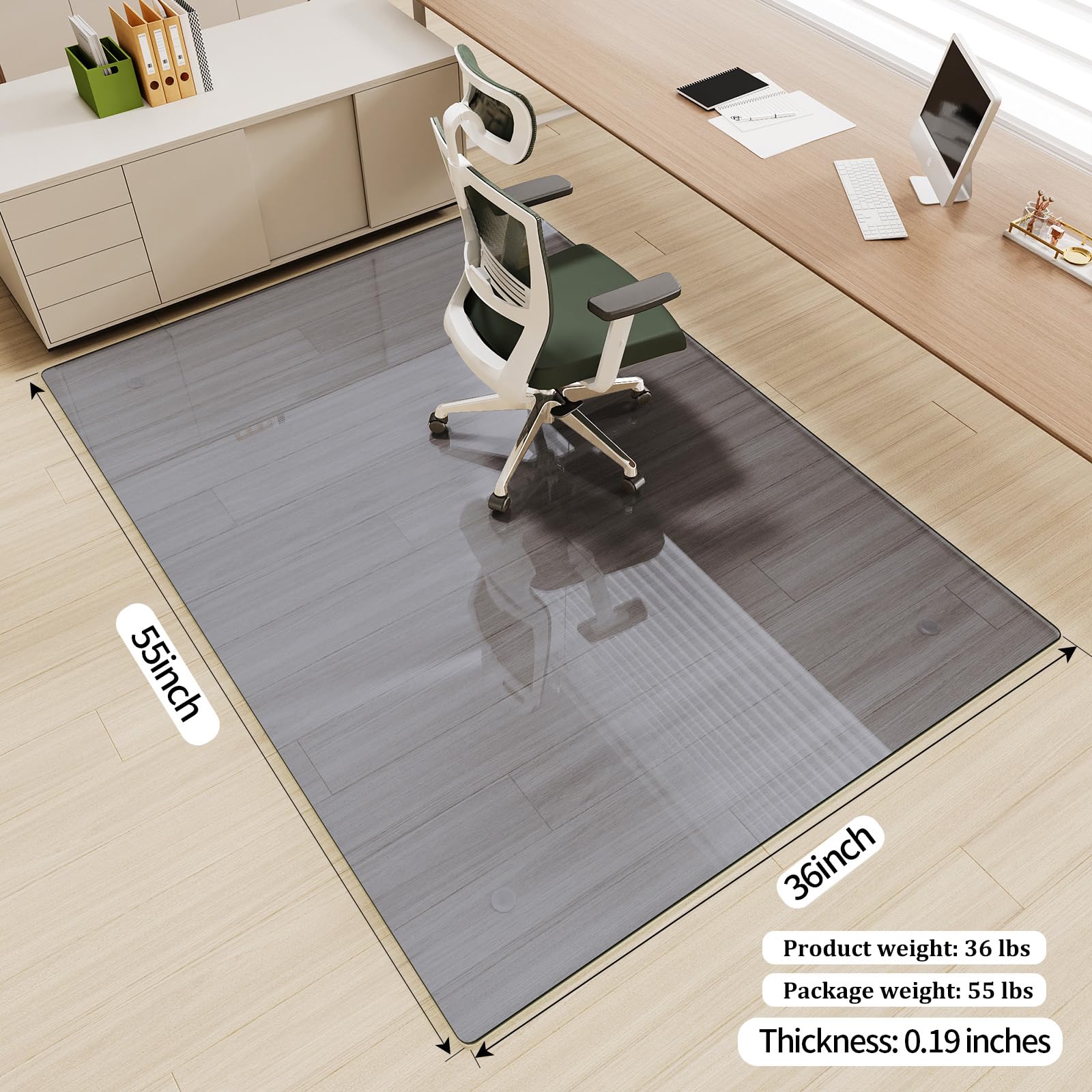 Tempered Glass] 36" x 55" Glass Office Chair Mat for Carpet