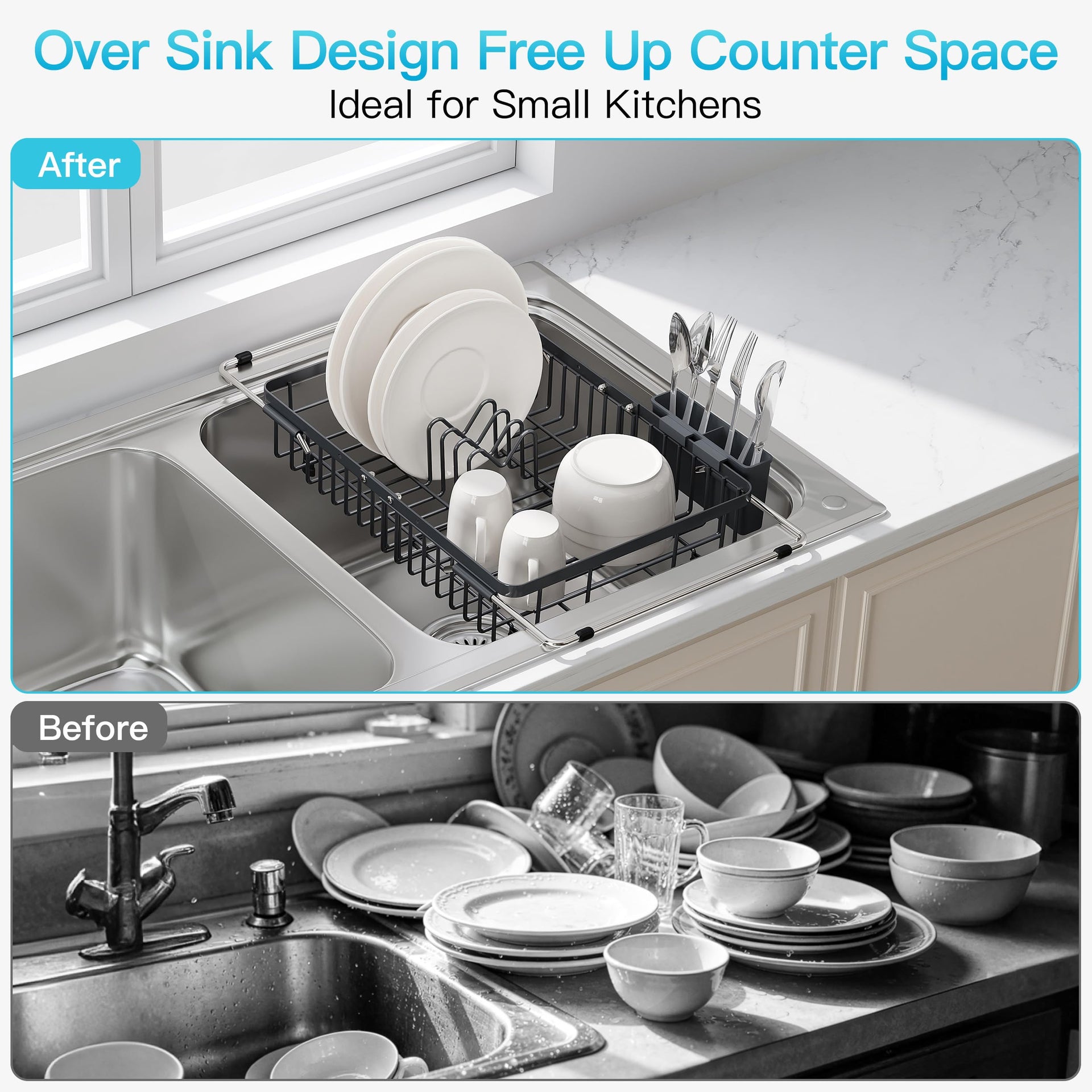 Gray Dish Drying Rack Over the Sink with Utensil Holder