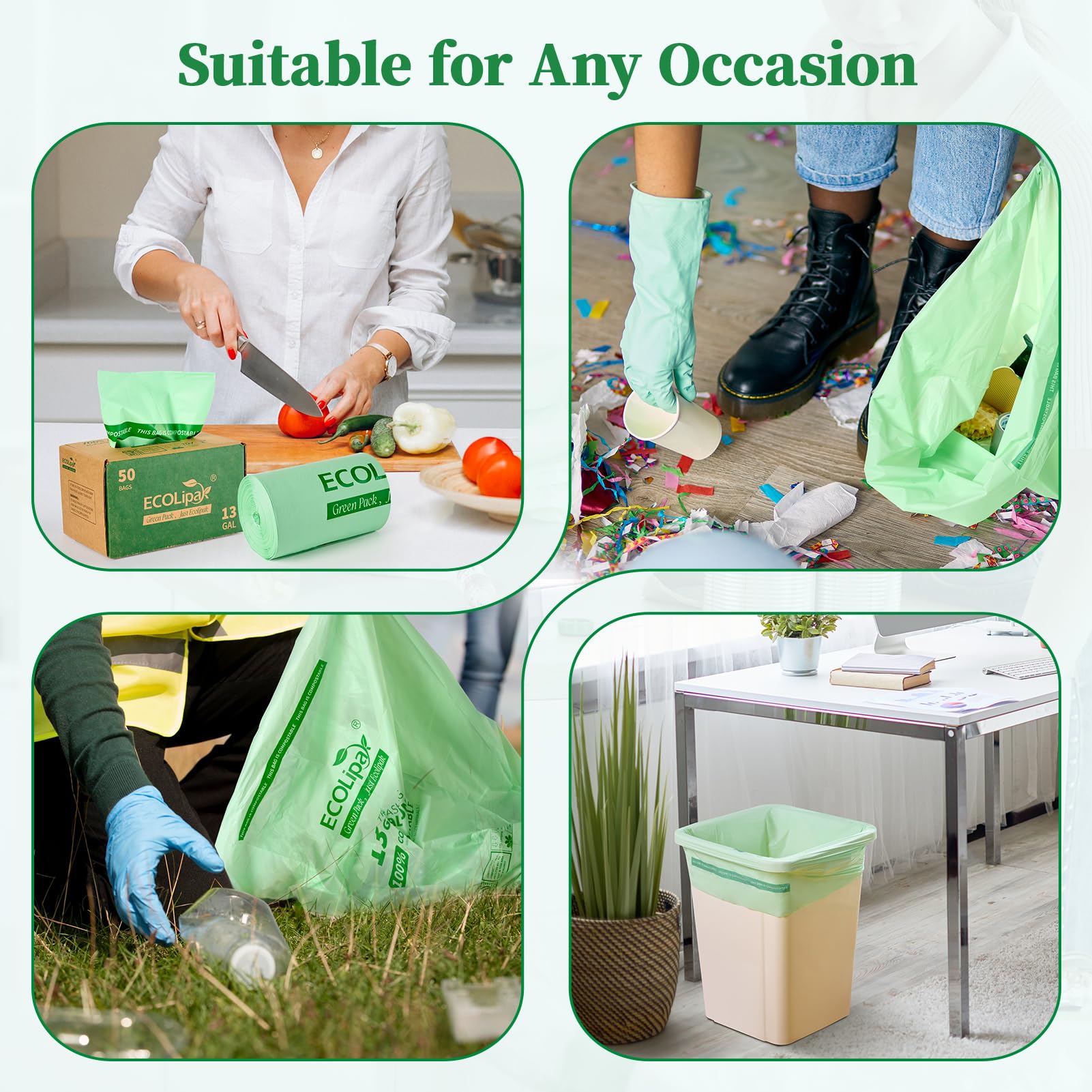 13 Gallon 50 Count Compostable Kitchen Trash Garbage Bags