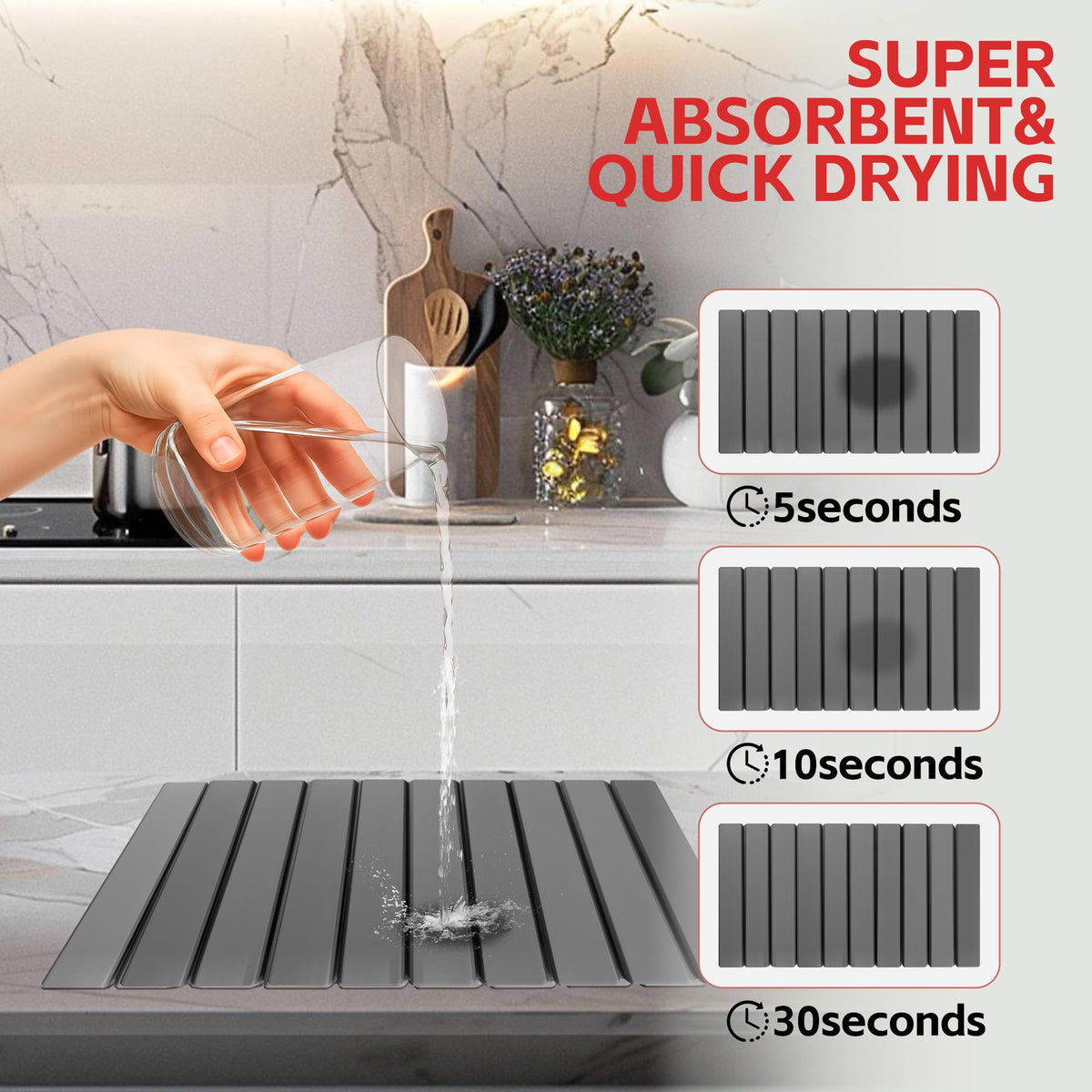 Stone Drying Mat For Kitchen Counter 24"x16" Foldable Super Absorbent Non