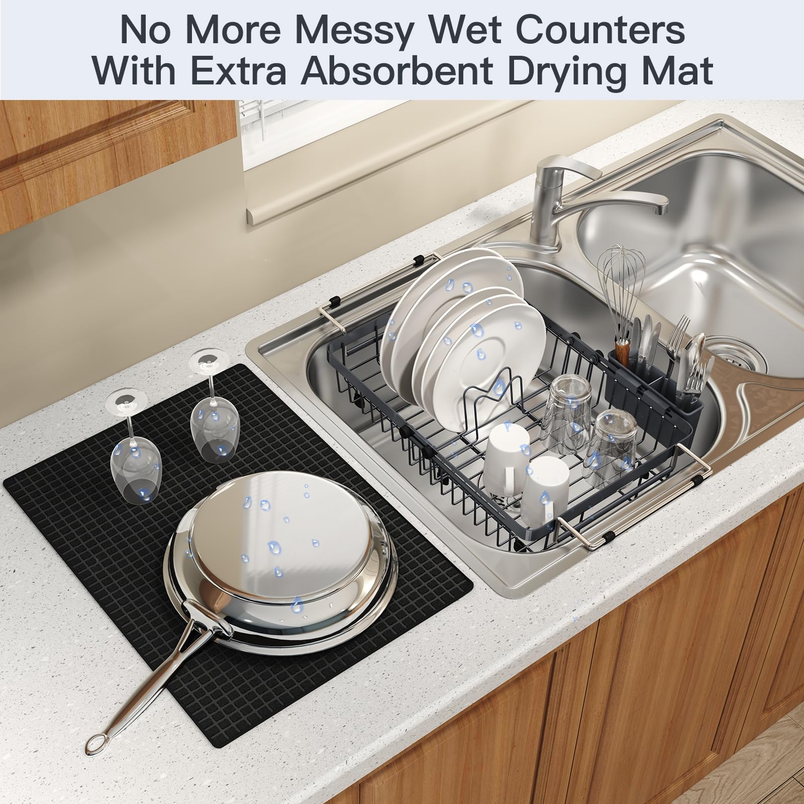 Grey Dish Drying Rack Over The Sink with Utensil Holder