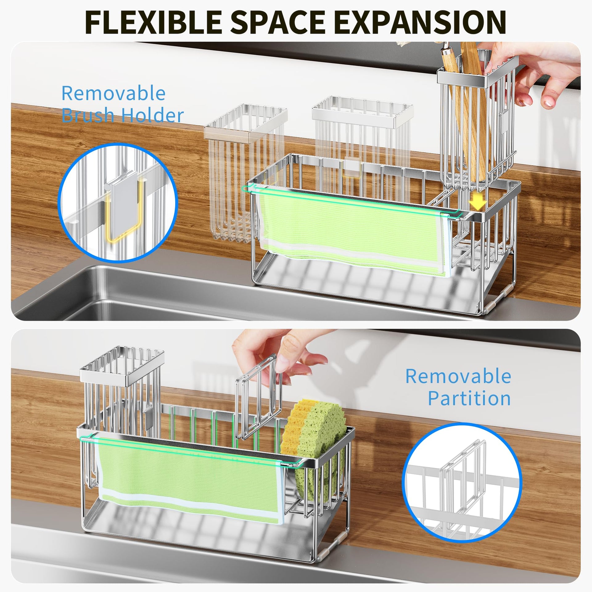 Kitchen Sink Caddy Organzier with High Brush Holder