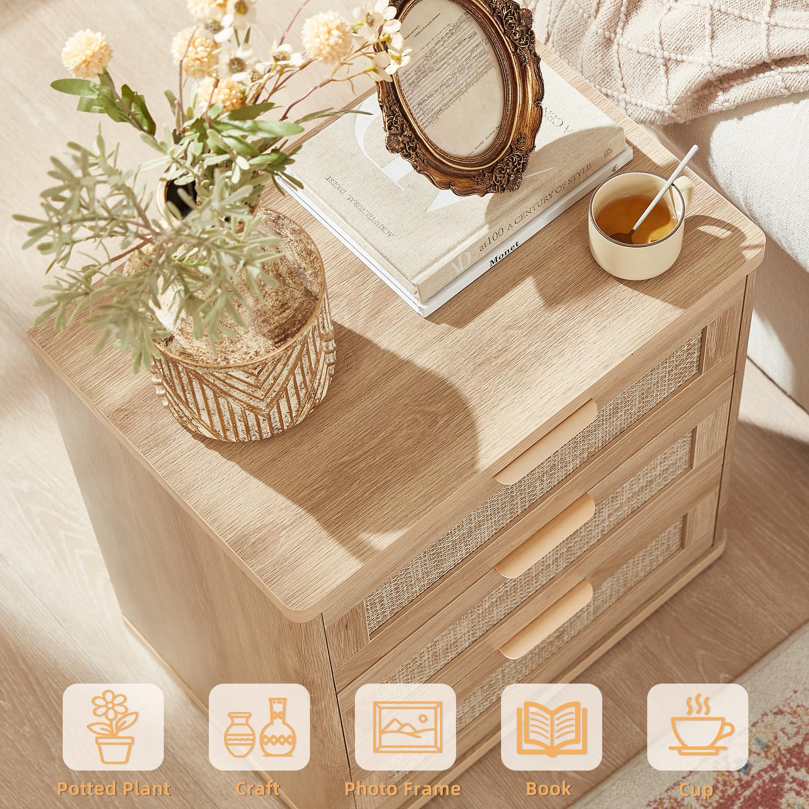 Rattan 23" Nightstands with Drawers for Bedroom