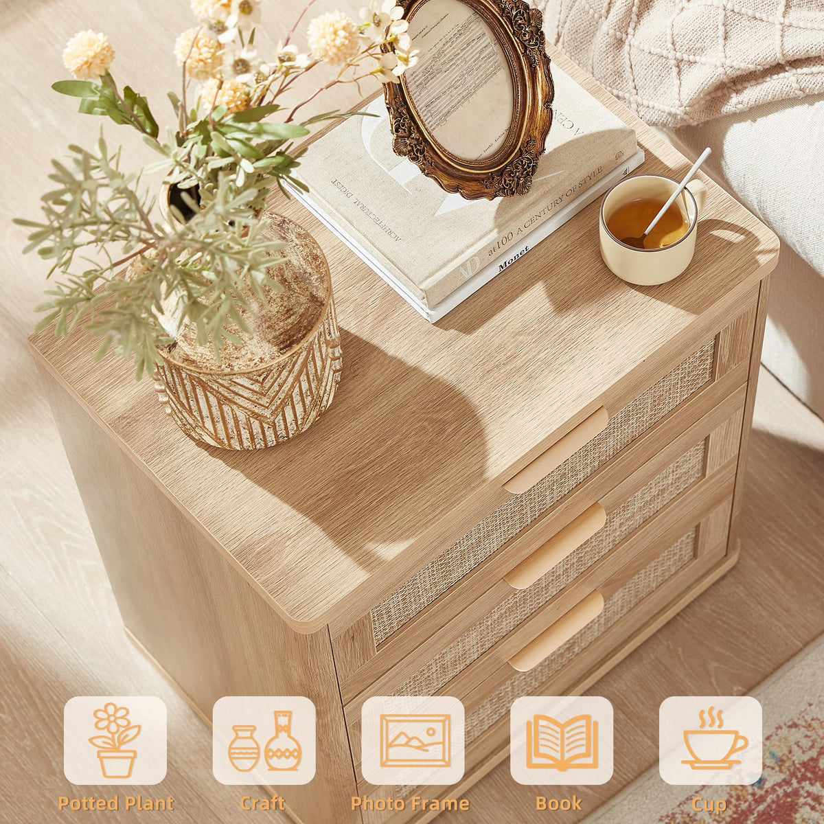 Rattan 23" Nightstands with Drawers for Bedroom