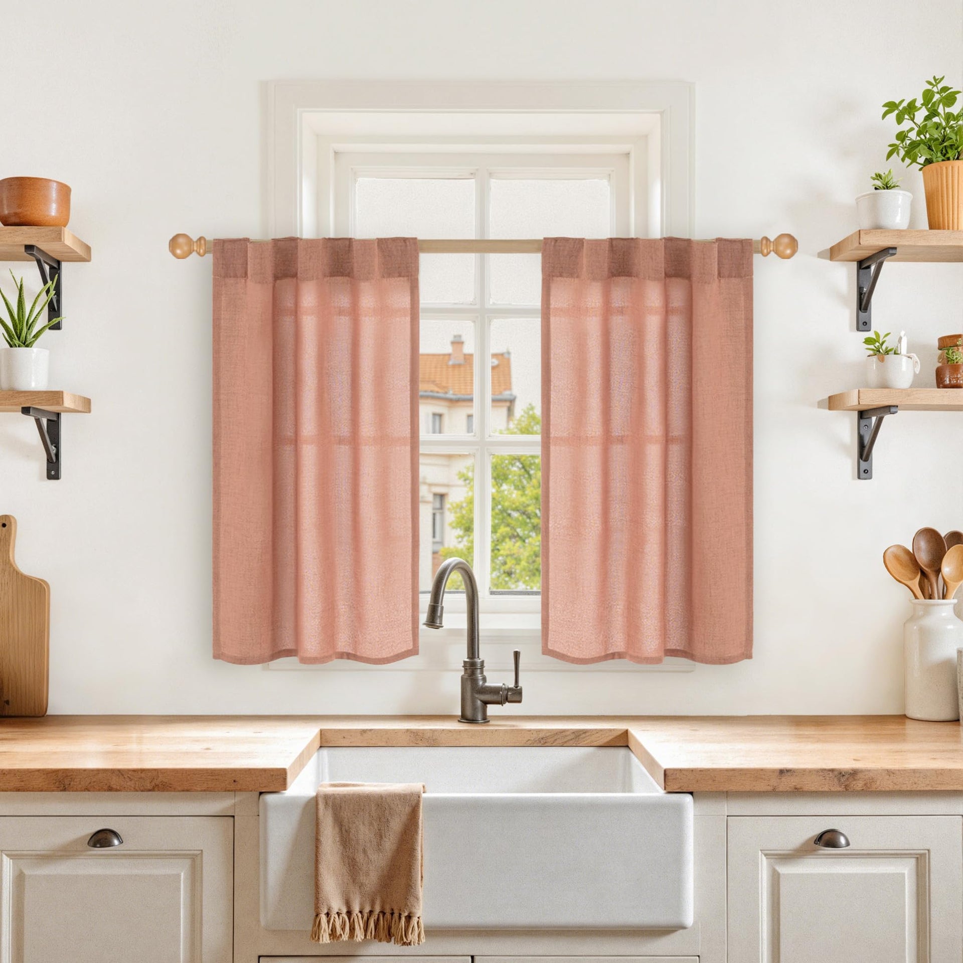 Terracotta Linen Kitchen Window Curtains 36 Inch Length (2 Count)