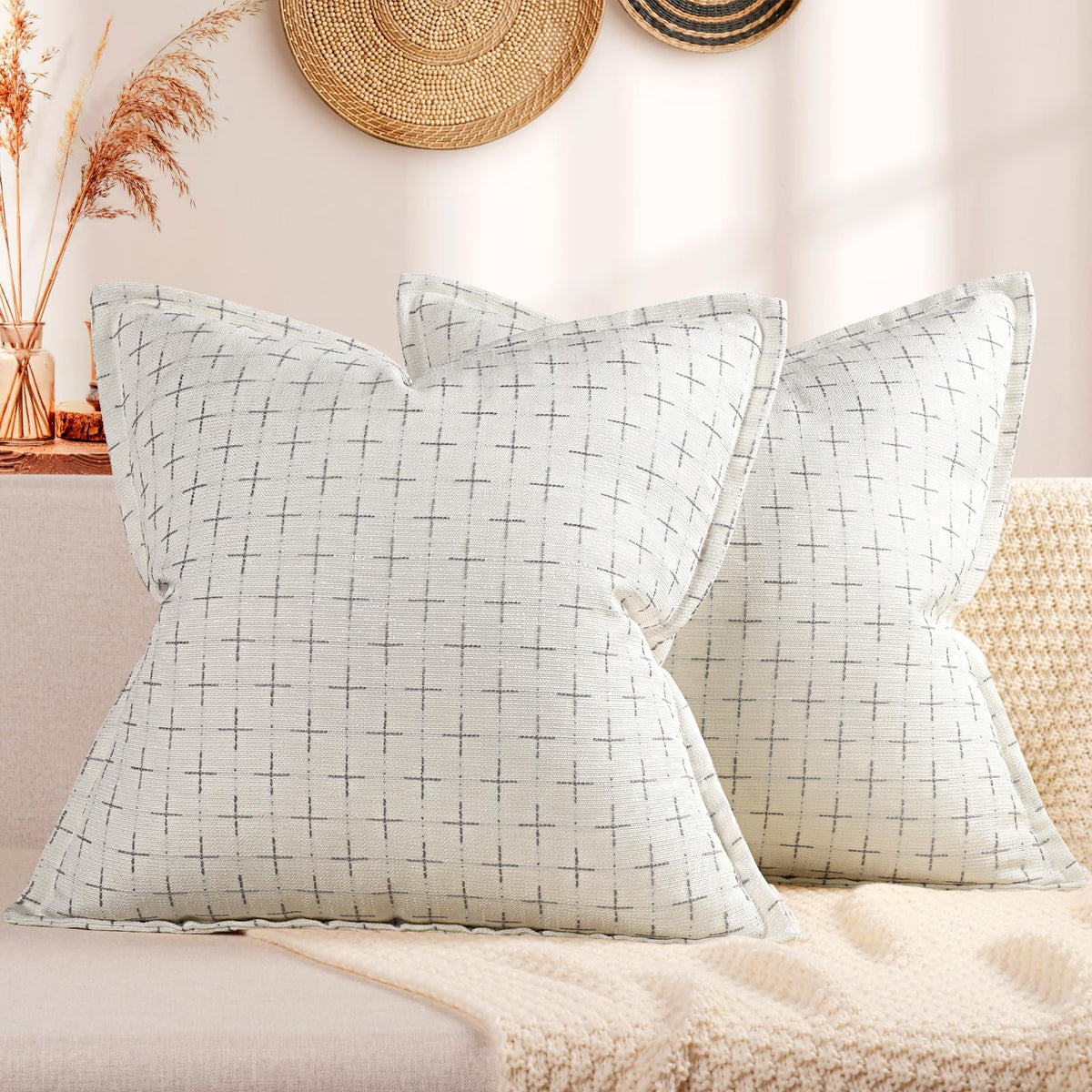 Pillow Covers 20x20 Set of 2 Soft Polyester Textured Pillow Covers with Stylish Flange Edge Cozy Farmhouse Throw Pillows for Couch Bed Sofa Living Room (2 Count)