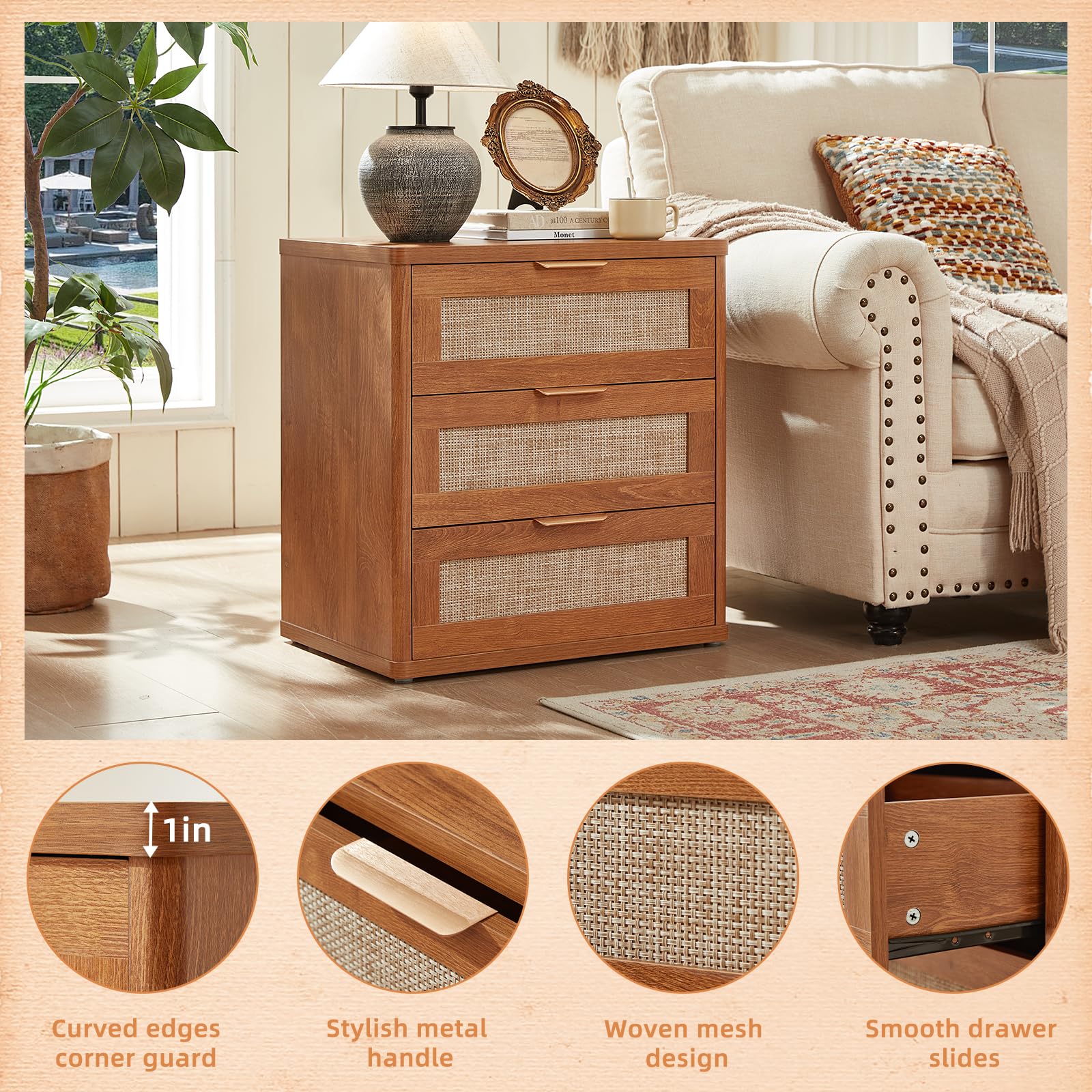 Rattan 23" Nightstands Set of 2 with Drawers for Bedroom (2 Count)