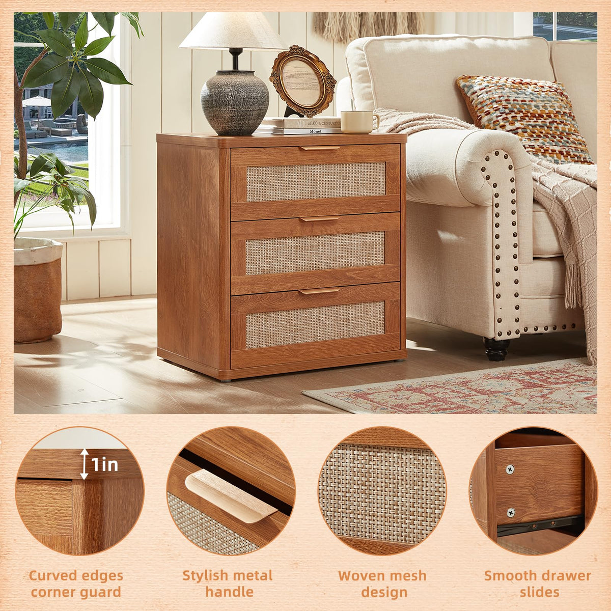 Rattan 23" Nightstands with Drawers for Bedroom