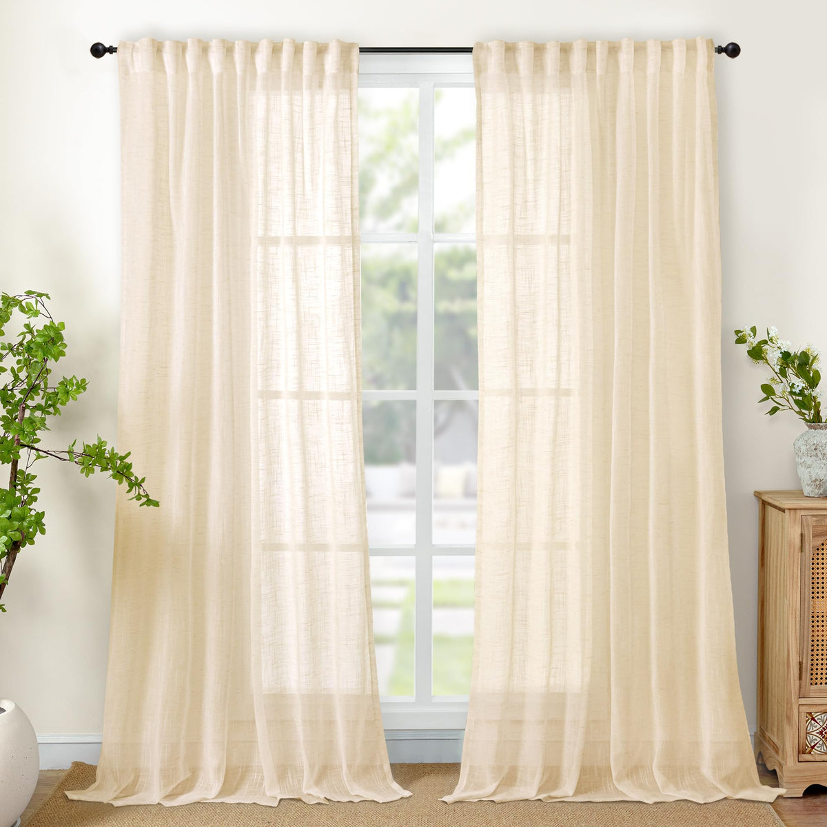 Extra Long Cream Beige Linen Semi Sheer Curtains 95 Inch Length 2 Panels (2 Count)