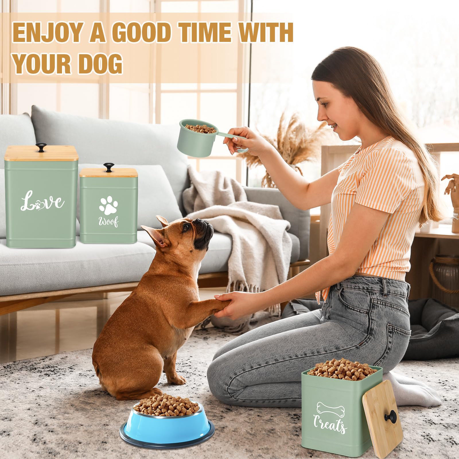 Metal Dog Treat Containers Set of 3 with Bamboo Lids and Spoon Airtight 7+3+2 lbs Dog Food Snack Jars with DIY Labels Big Pet Cookie Storage Jar for Kitchen Counter (3 Count)