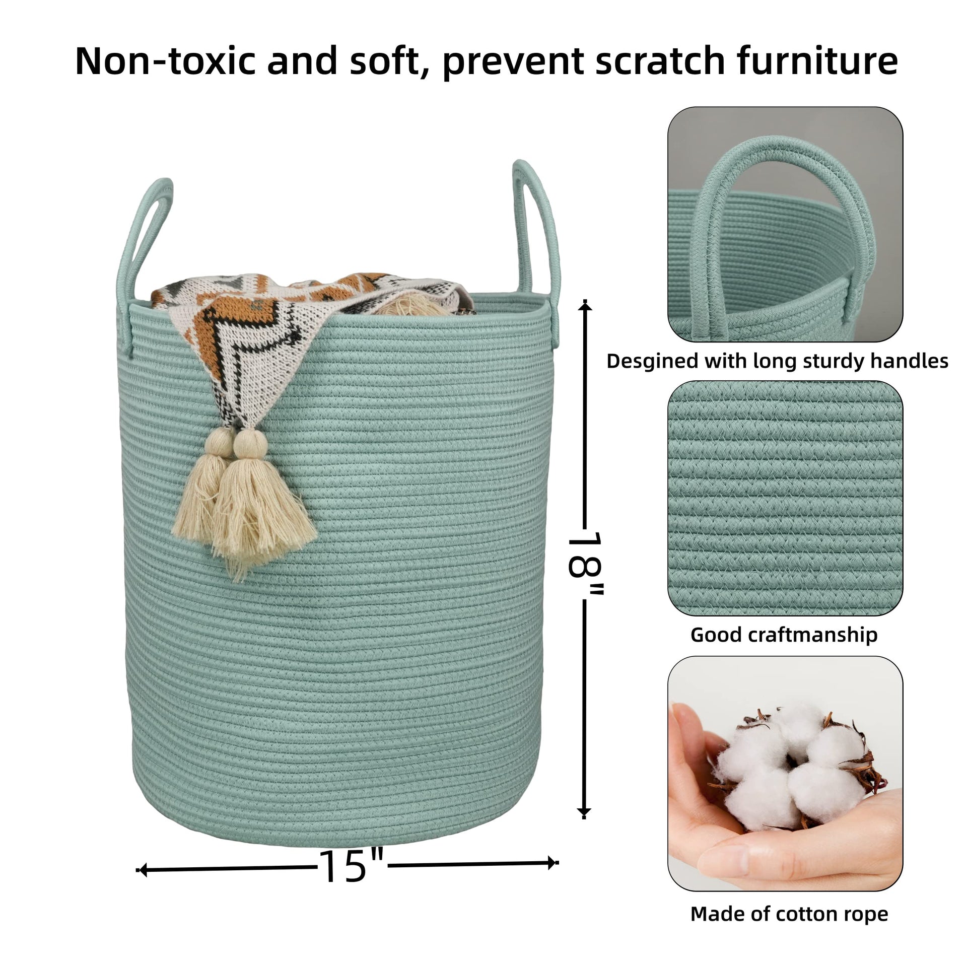 Cotton Rope Laundry Basket Hamper for Clothes Large Light Green