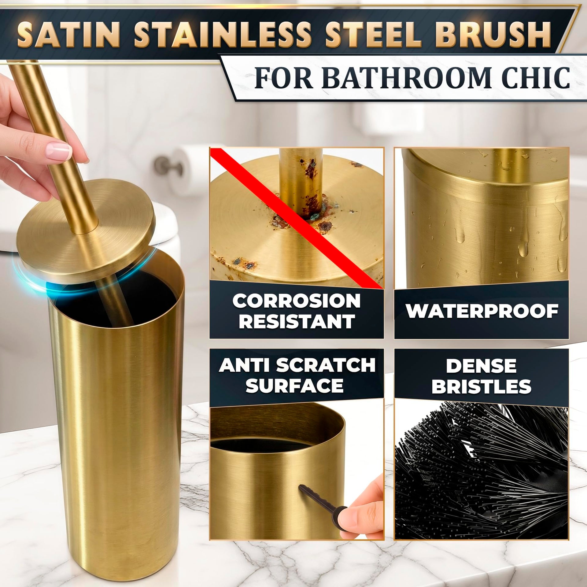 2Pcs Gold Toilet Brush and Holder Set for Modern Bathrooms (2 Count)