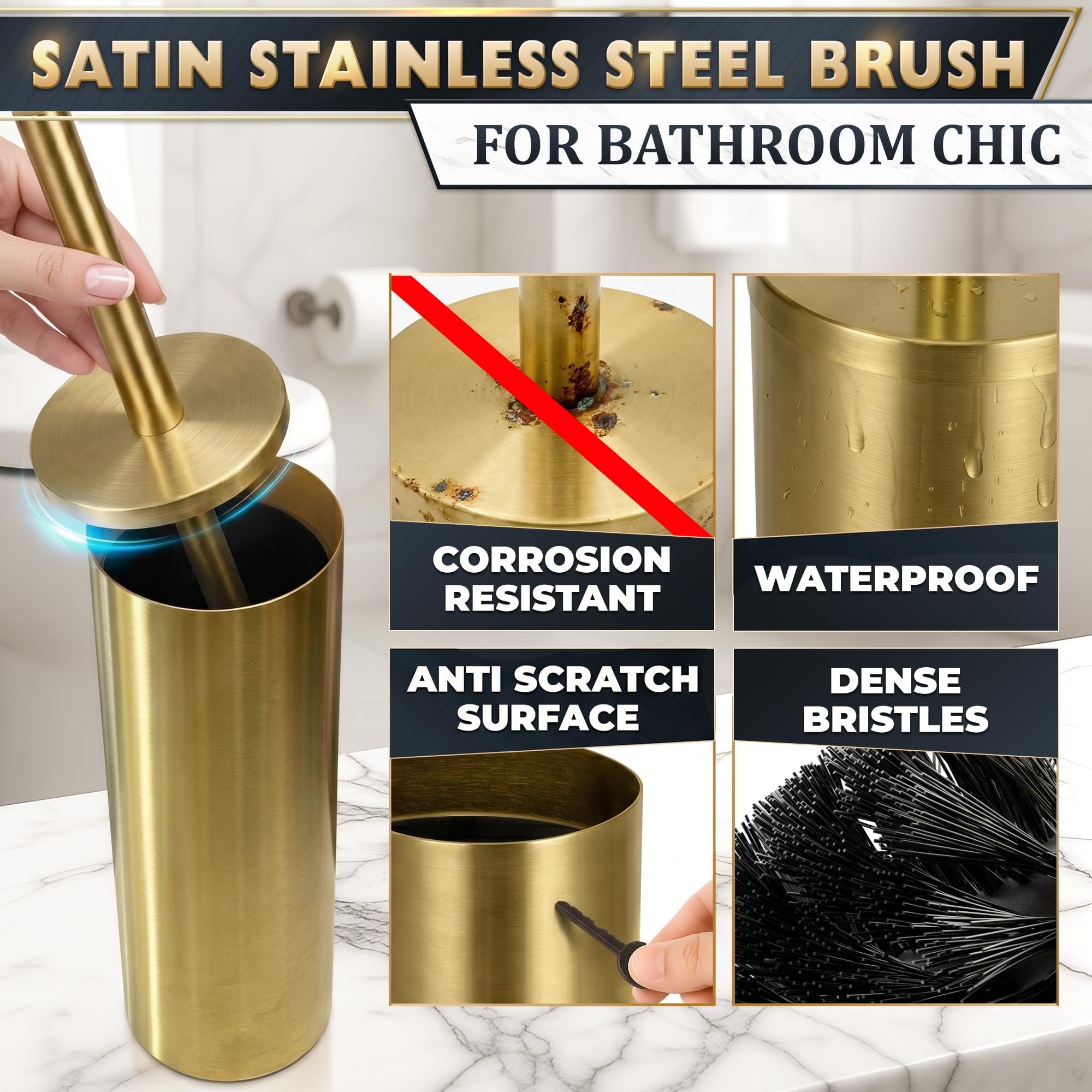 2Pcs Gold Toilet Brush and Holder Set for Modern Bathrooms (2 Count)