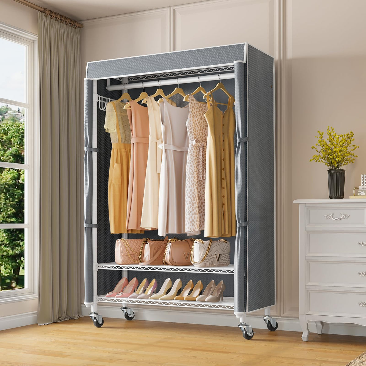 R3C Covered Clothing Rack for Hanging Clothes Rolling Closet
