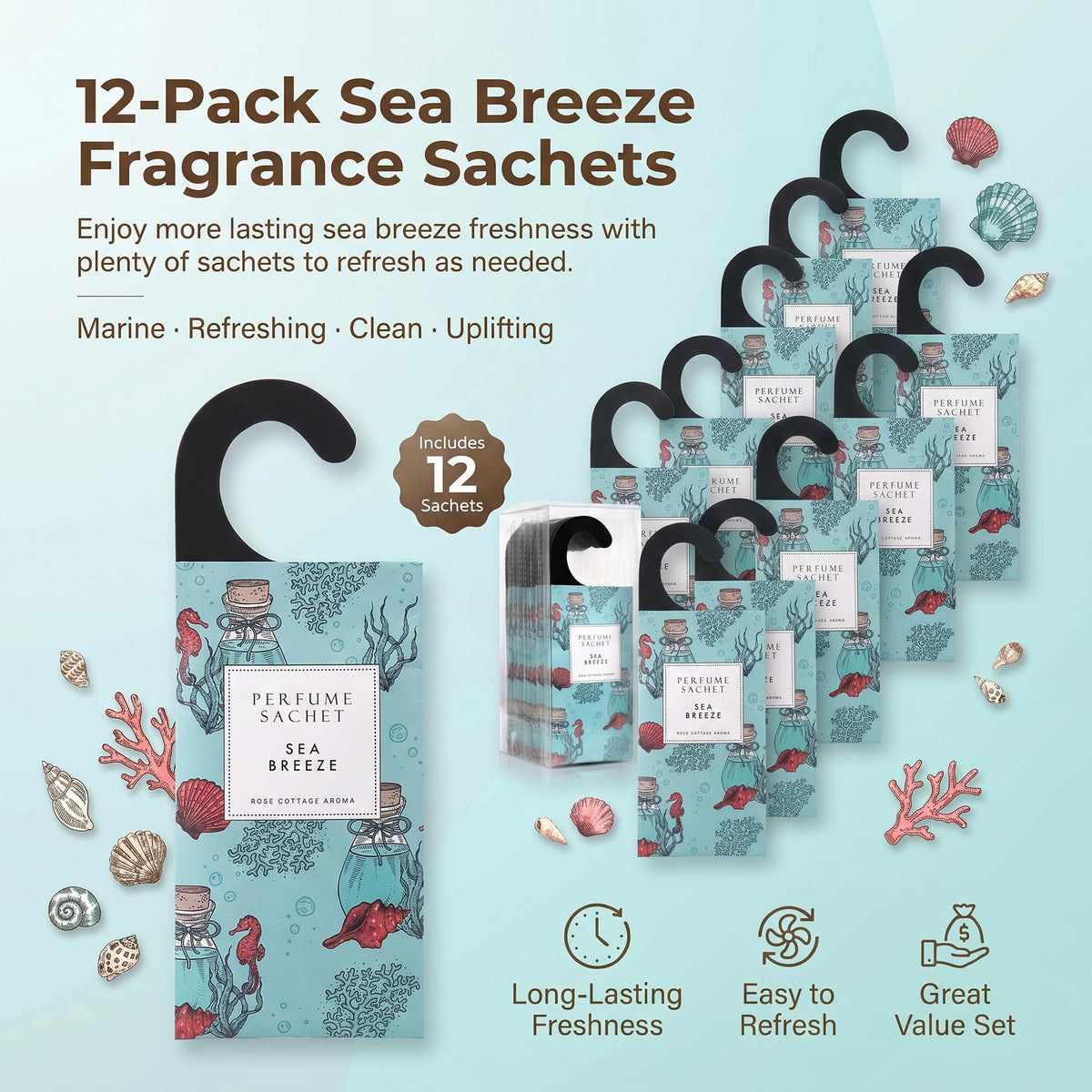 Large 12 Packs Sea Breeze Hanging Scented Sachets Long (12 Count)