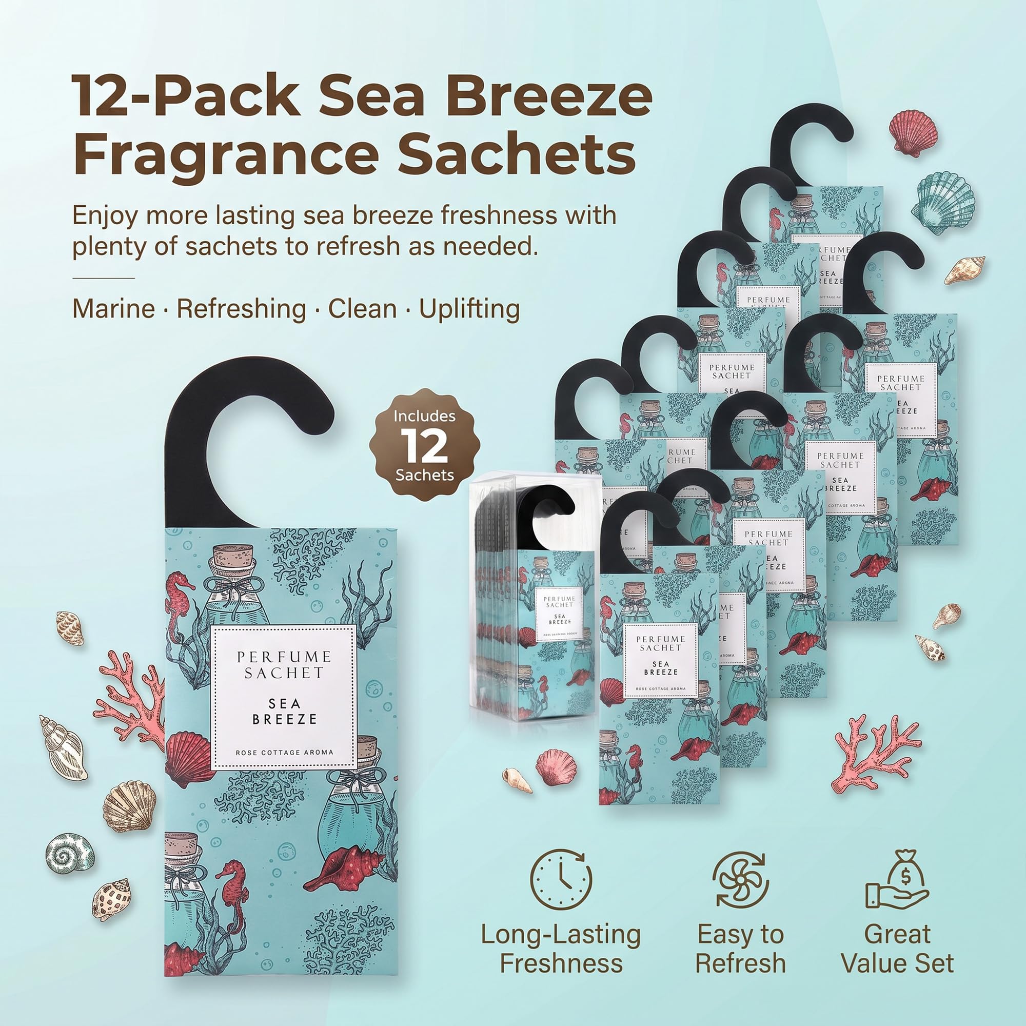 Large 12 Packs Sea Breeze Hanging Scented Sachets Long (12 Count)