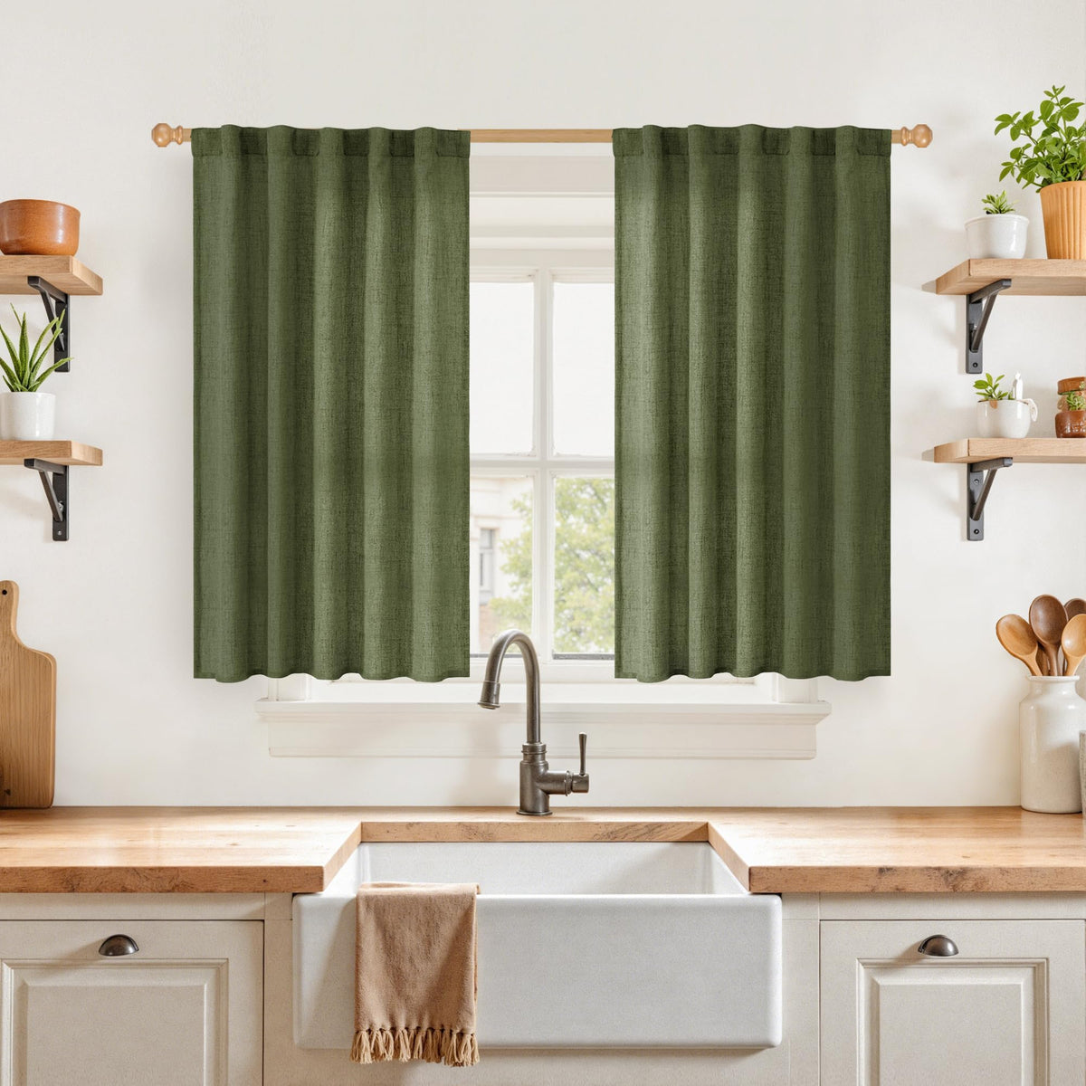 Olive Green Linen Curtains 40 Inch Length for Kitchen Window (2 Count)