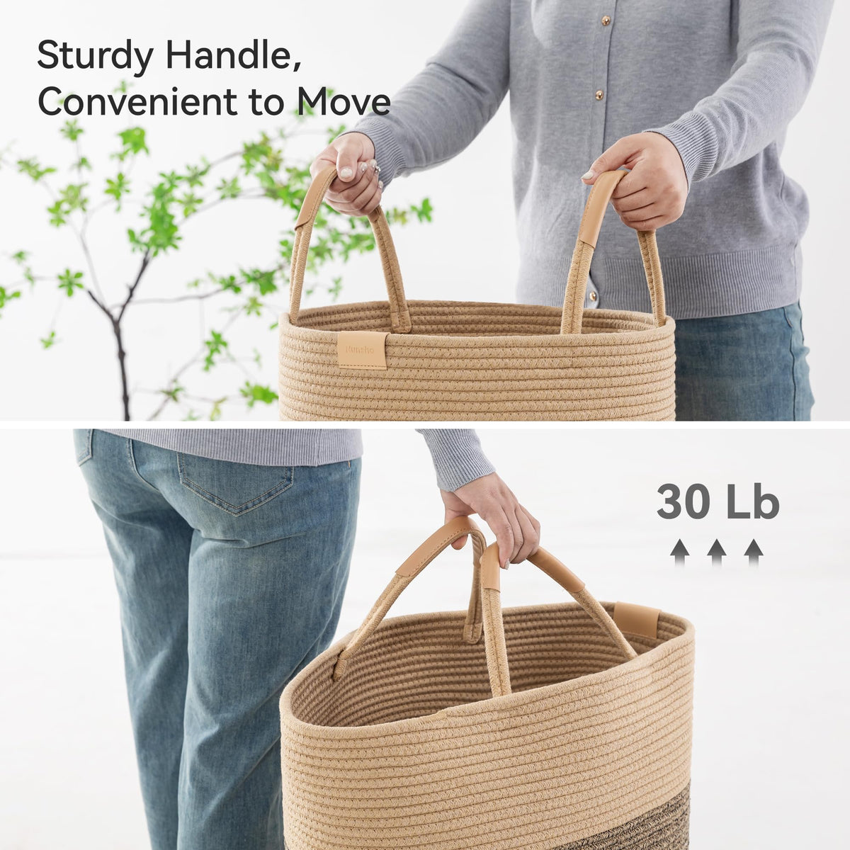 62L Striped Laundry Hamper with Leather Handles