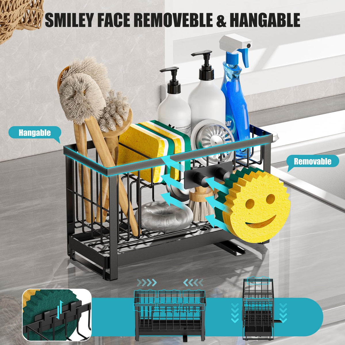 Sponge Holder for Kitchen Sink with Flexible Smiley Face