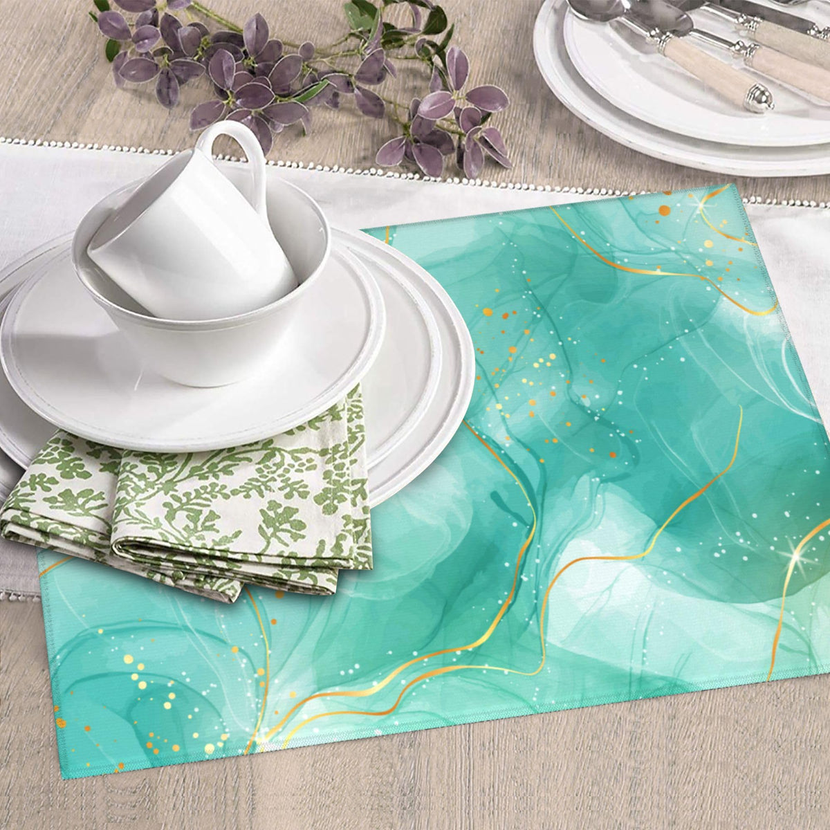 Teal Gold Marble Dish Drying Mat for Kitchen Counter 16x18 Inch