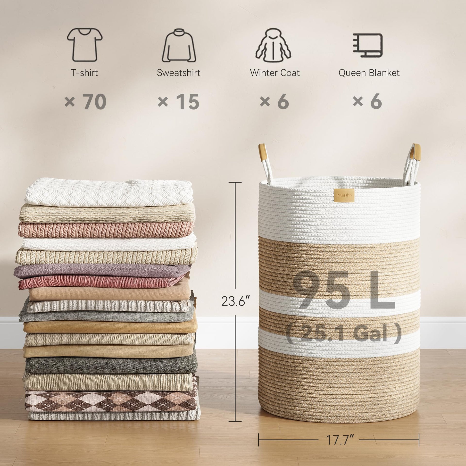 95L Striped Laundry Hamper with Leather Handles