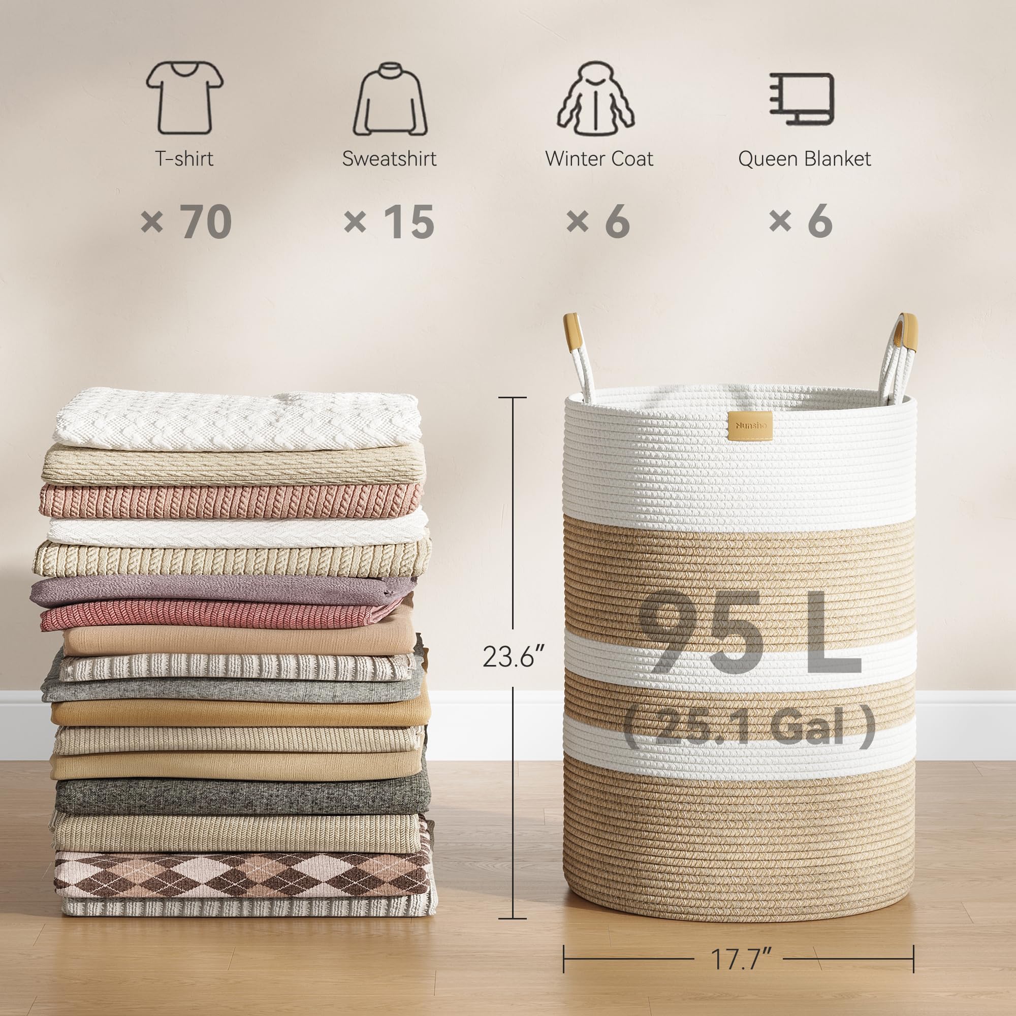 95L Striped Laundry Hamper with Leather Handles