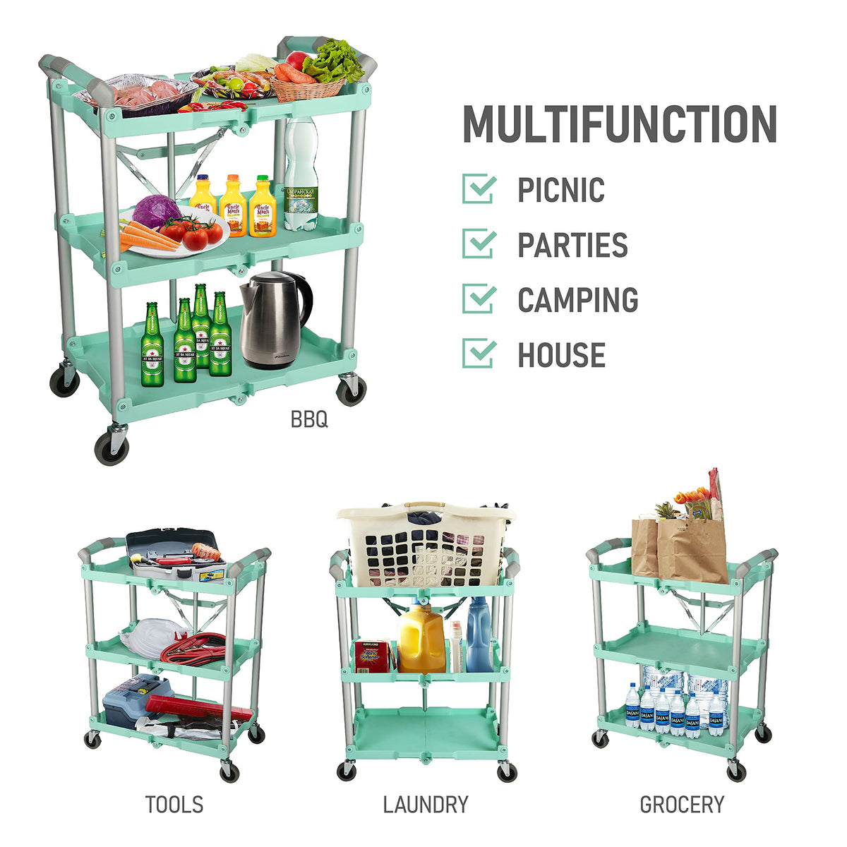 89-349 Pack-N-Roll Folding Collapsible Service Cart, 150LB Capacity, Teal