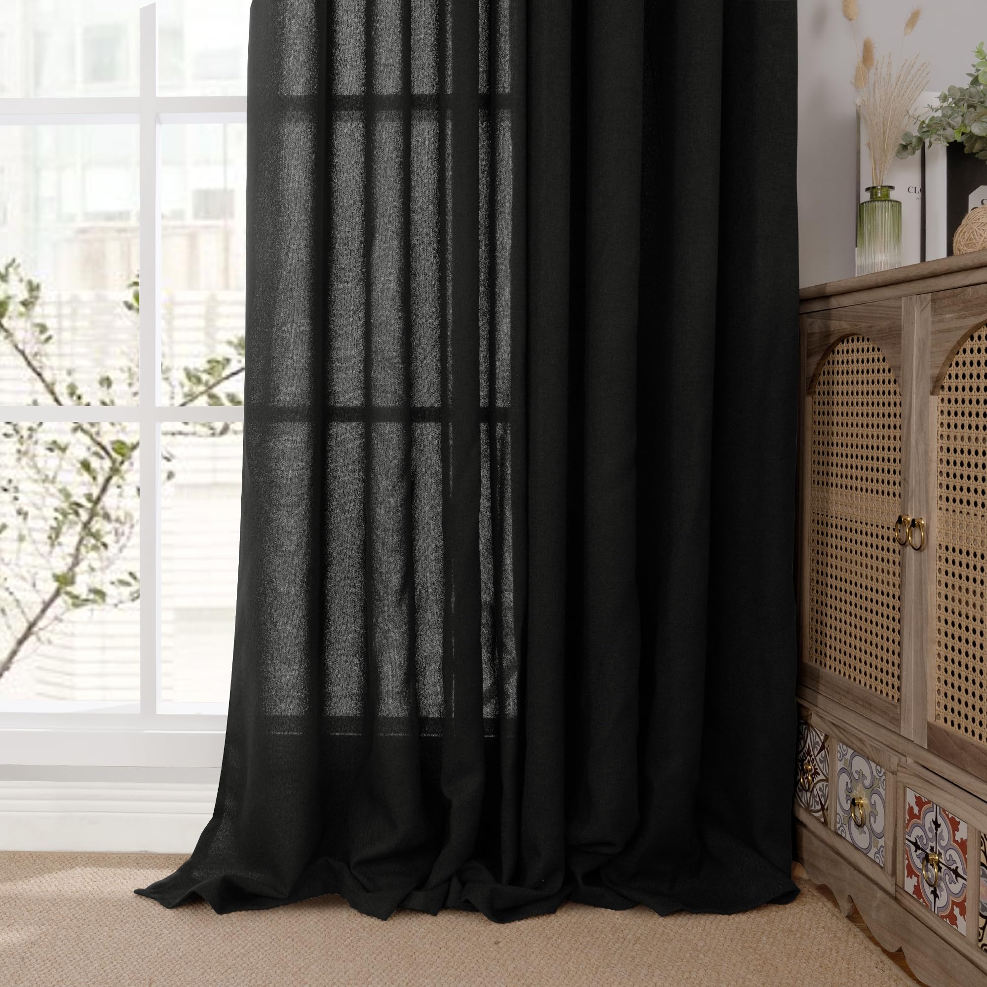 Black Linen Curtains 84 Inch Length Semi Sheer for Living Room (2 Count)