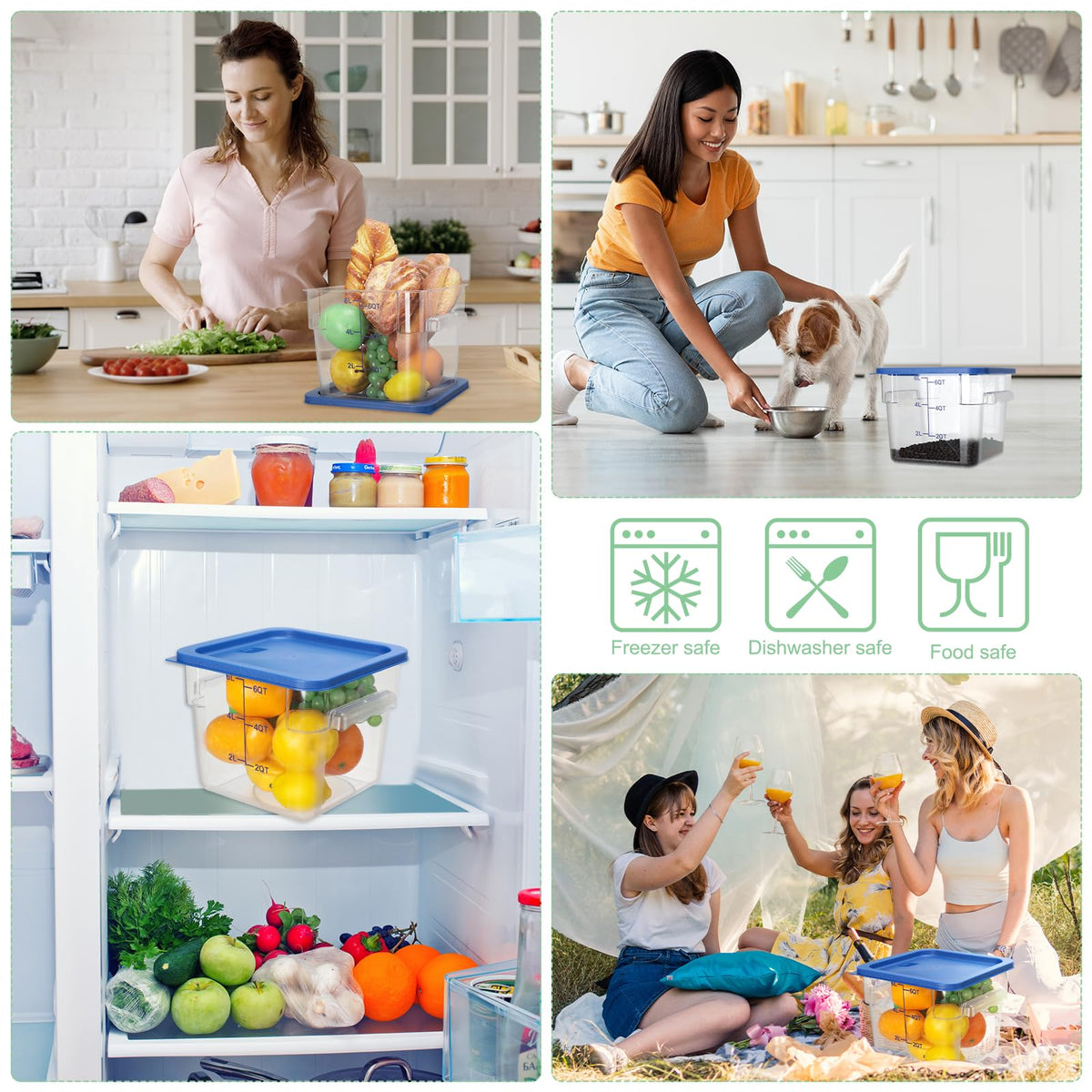 8 Pack 6 Qt Commercial Food Storage Containers with Lids Square Food Storage Container Clear Cereal Storage Containers for Kitchen Freezer Pantry Restaurant Flour Sugar (8 Count)