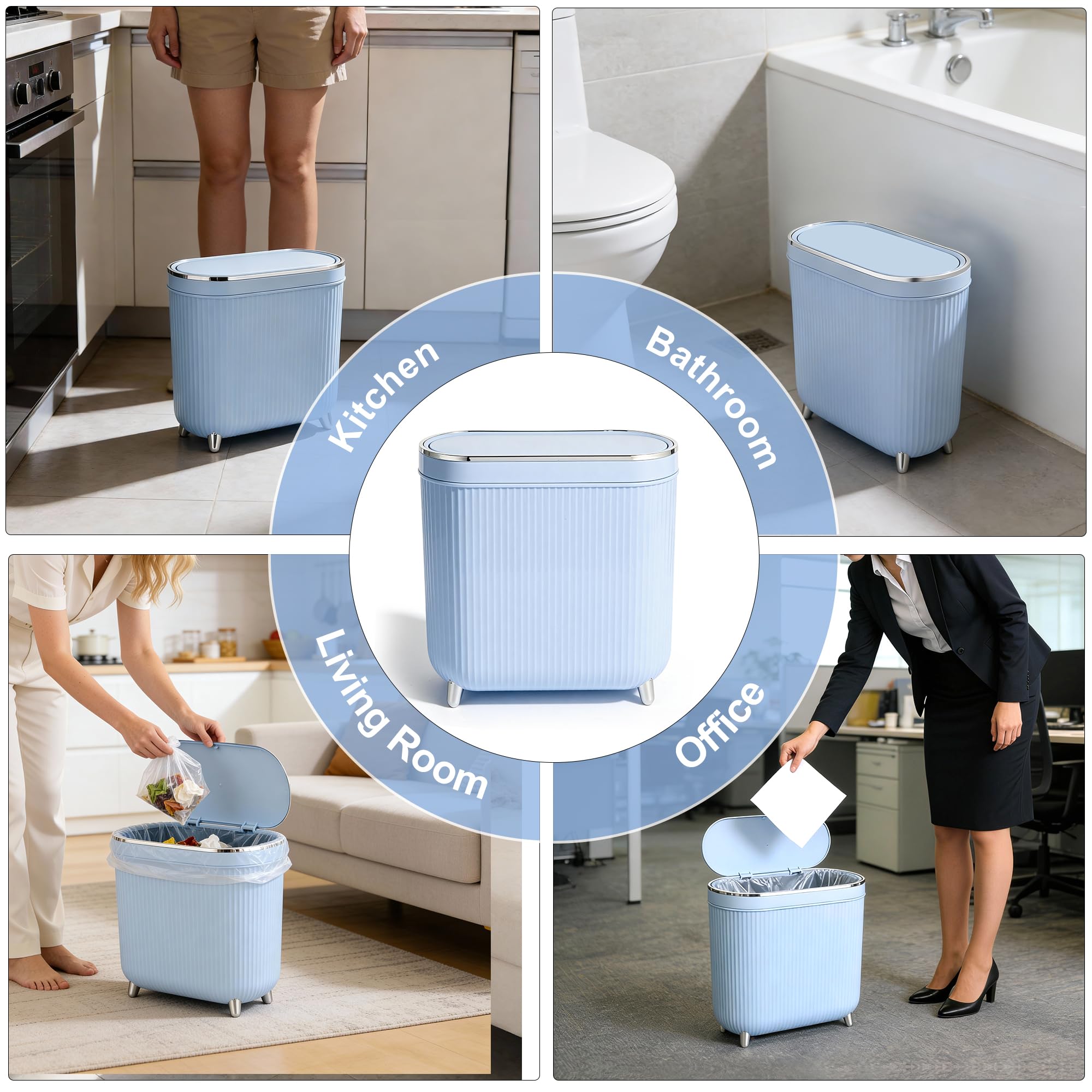 Bathroom Trash Can with Lid 3.1 Gallon Narrow Trash Can Small Plastic Trash Bin 12 Liter Rectangular Plastic Garbage Can with Press Type Lid for Bedroom Bathroom