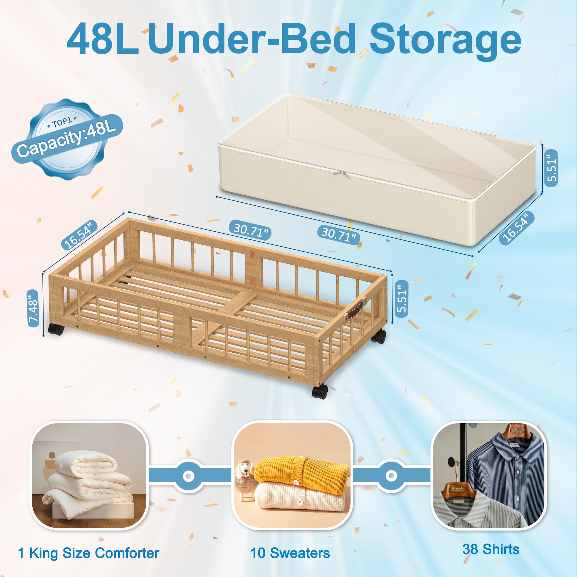 2 Pack Bamboo Under Bed Storage with Wheels (2 Count)
