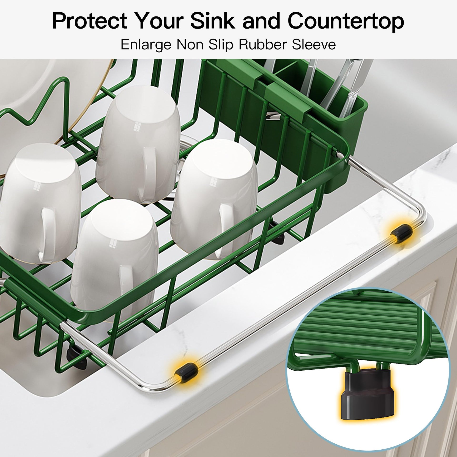 Green Dish Drying Rack Over the Sink with Utensil Holder