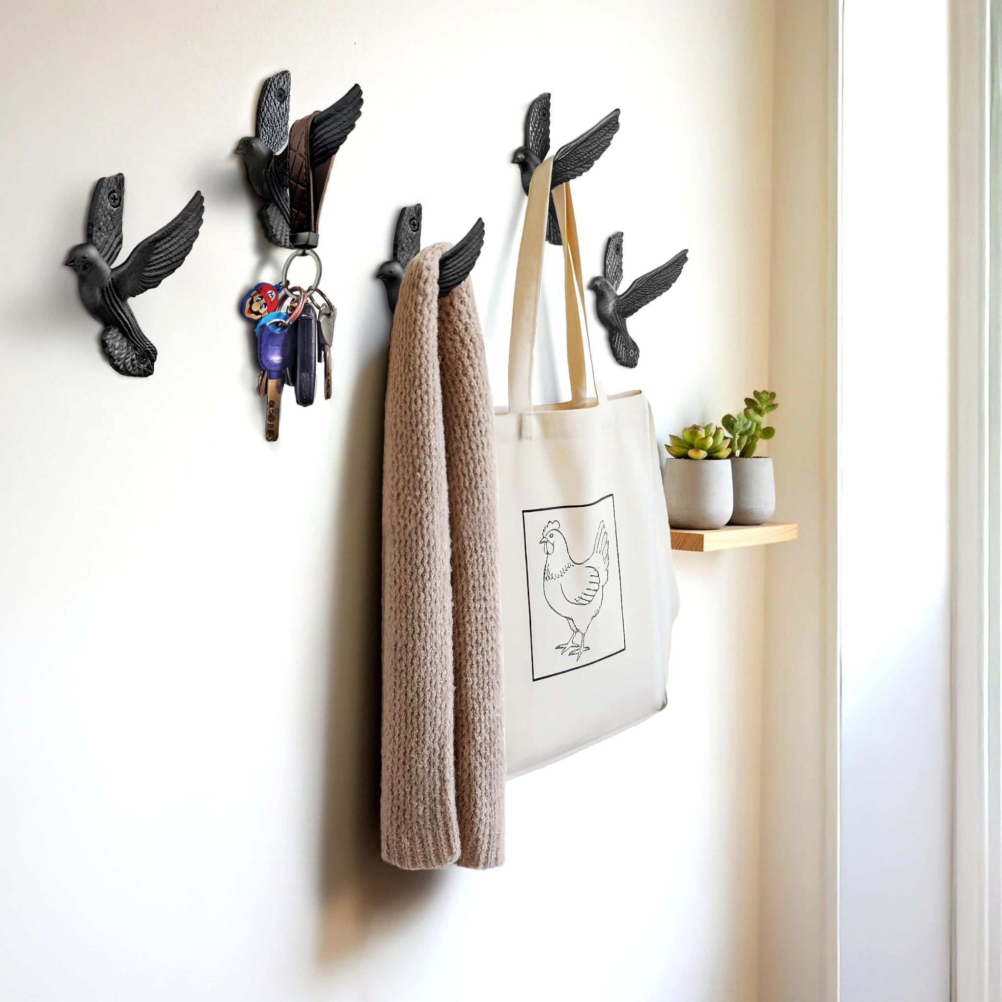 Flying Style Iron Cast Decorative Pigeon Bird Wall Mounted Coat Hooks (5 Count)