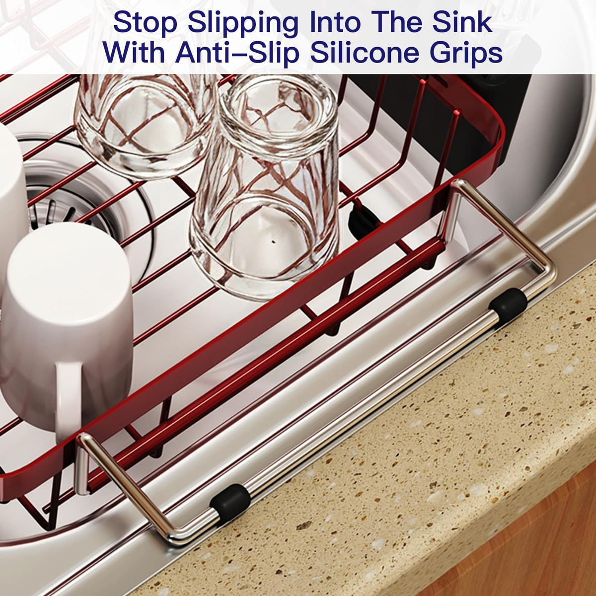 Red Dish Drying Rack Over The Sink with Utensil Holder