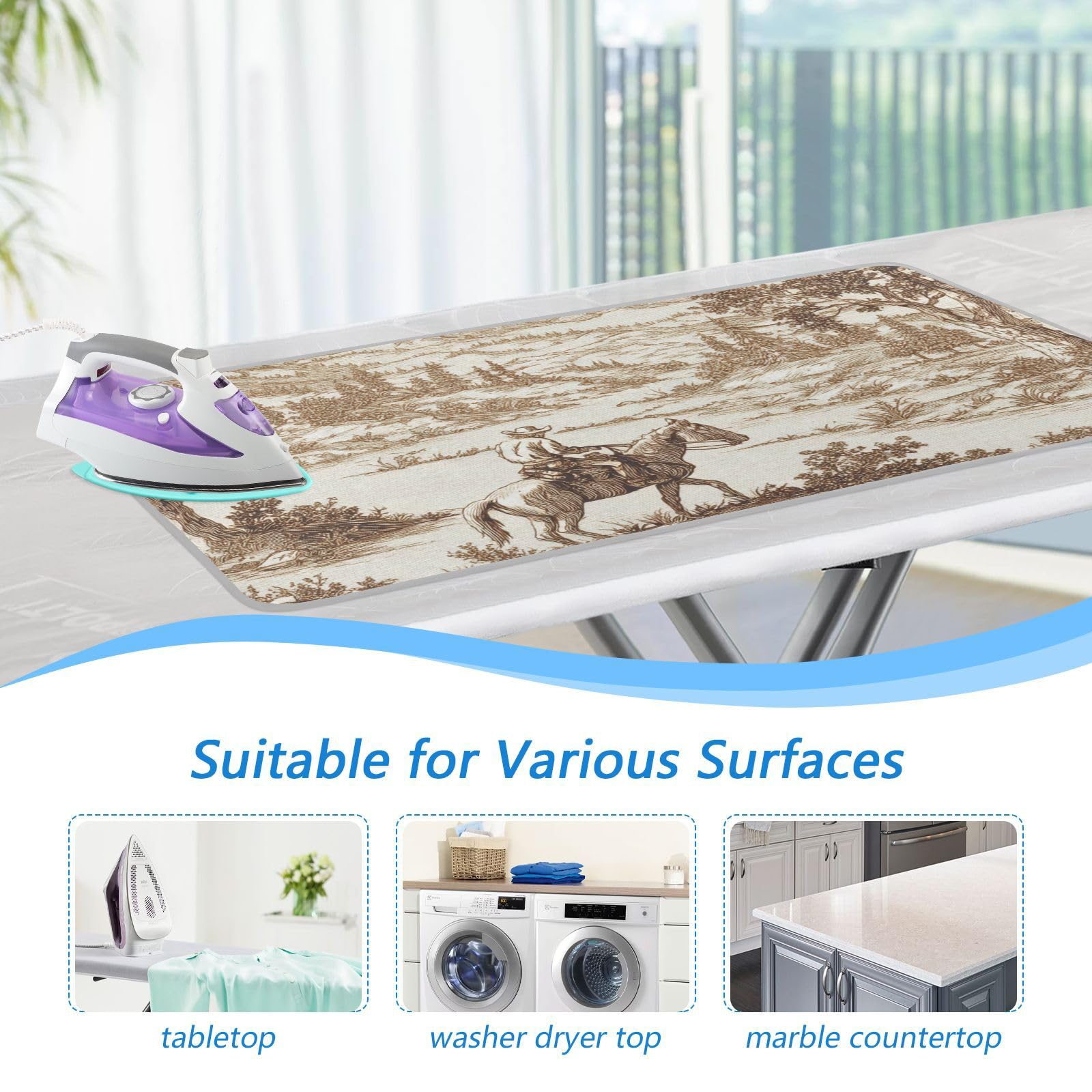 Cowboy Riding Horse Mountain Brown Ironing Mat Portable Ironing Pad Blanket with Silicone Iron Rest for Table Top Travel Heat Resistant Double
