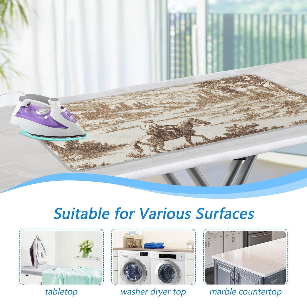 Cowboy Riding Horse Mountain Brown Ironing Mat Portable Ironing Pad Blanket with Silicone Iron Rest for Table Top Travel Heat Resistant Double