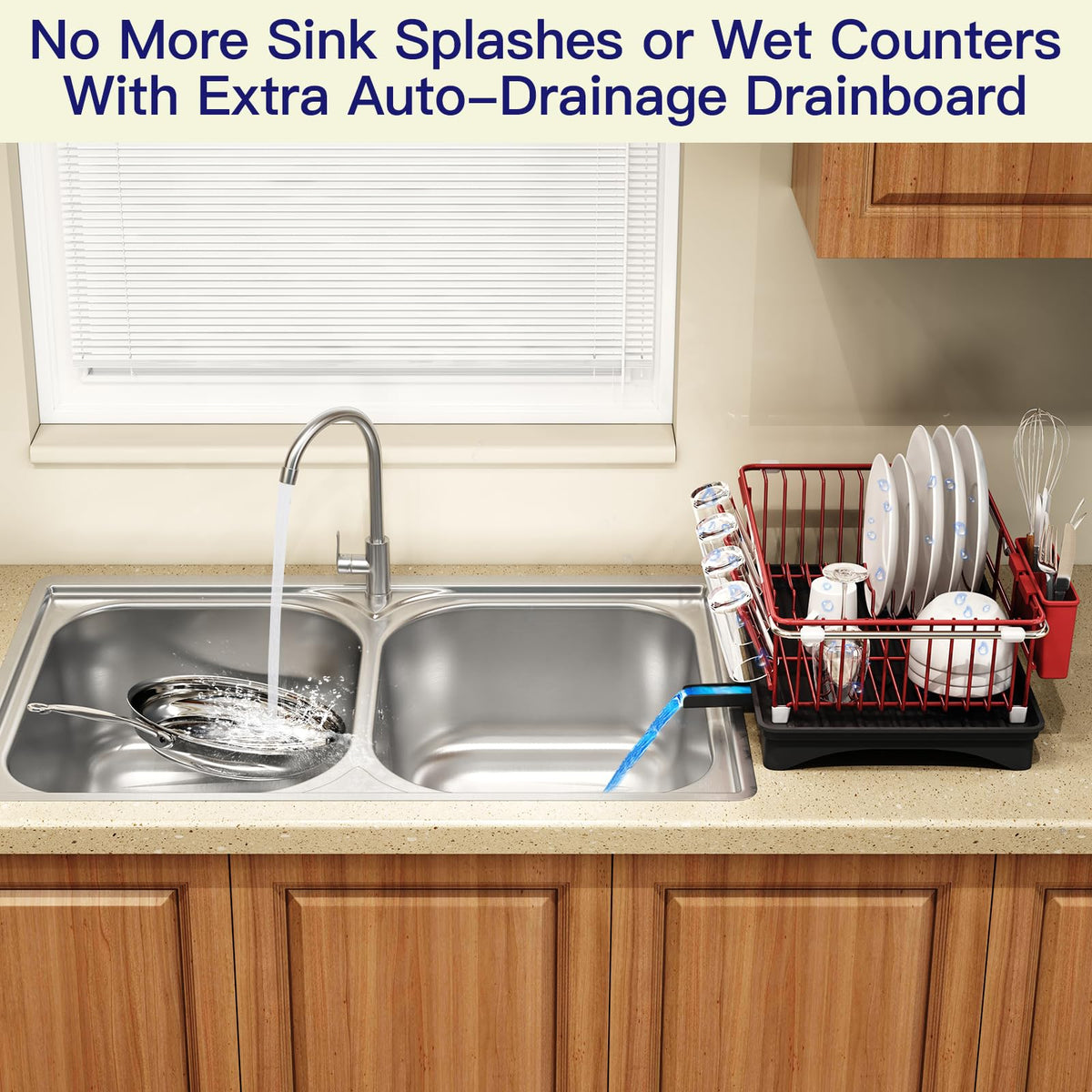 Red Dish Drying Rack Over Sink with Utensil Holder