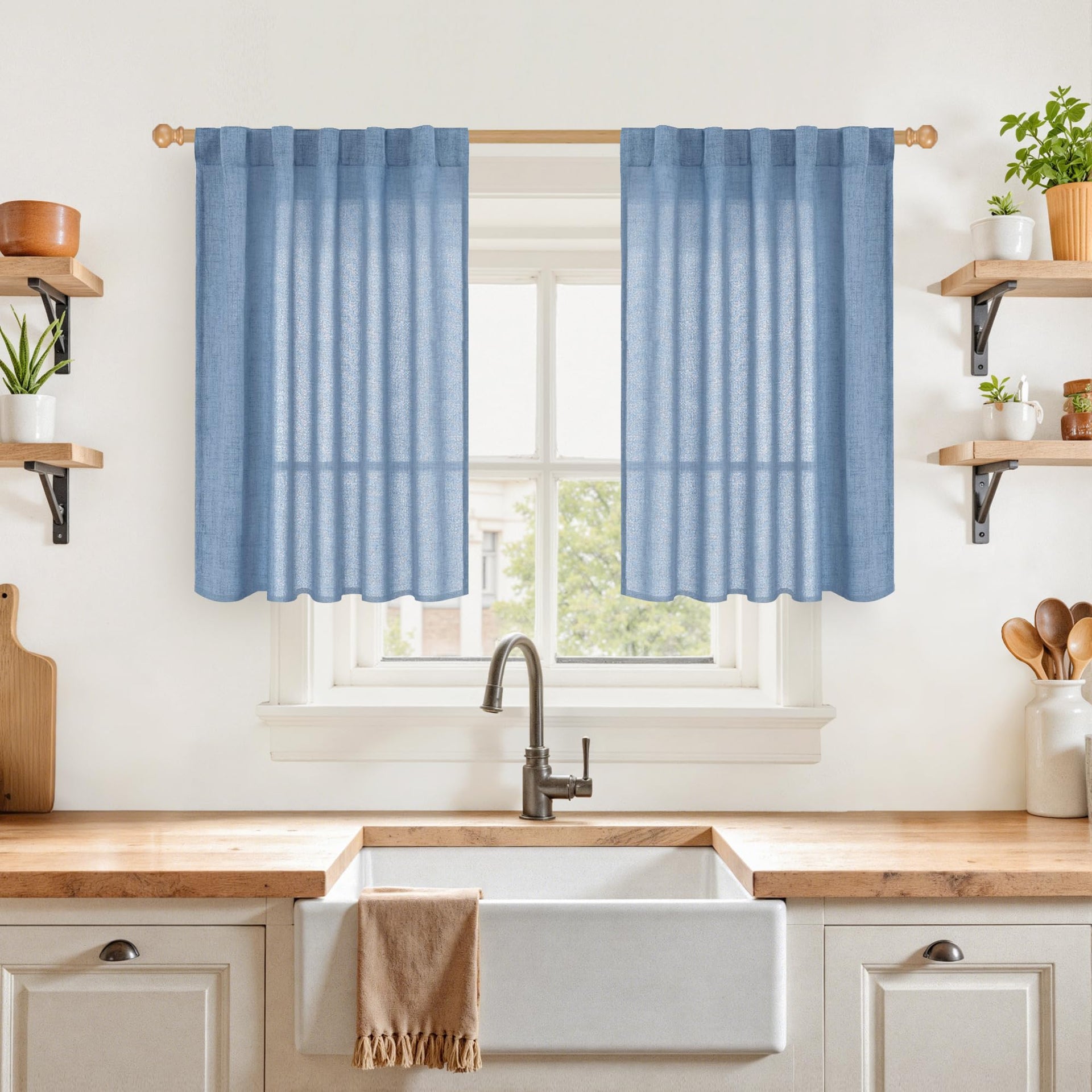 Blue Linen Kitchen Window Curtains 36 Inch Long 2 Panels (2 Count)