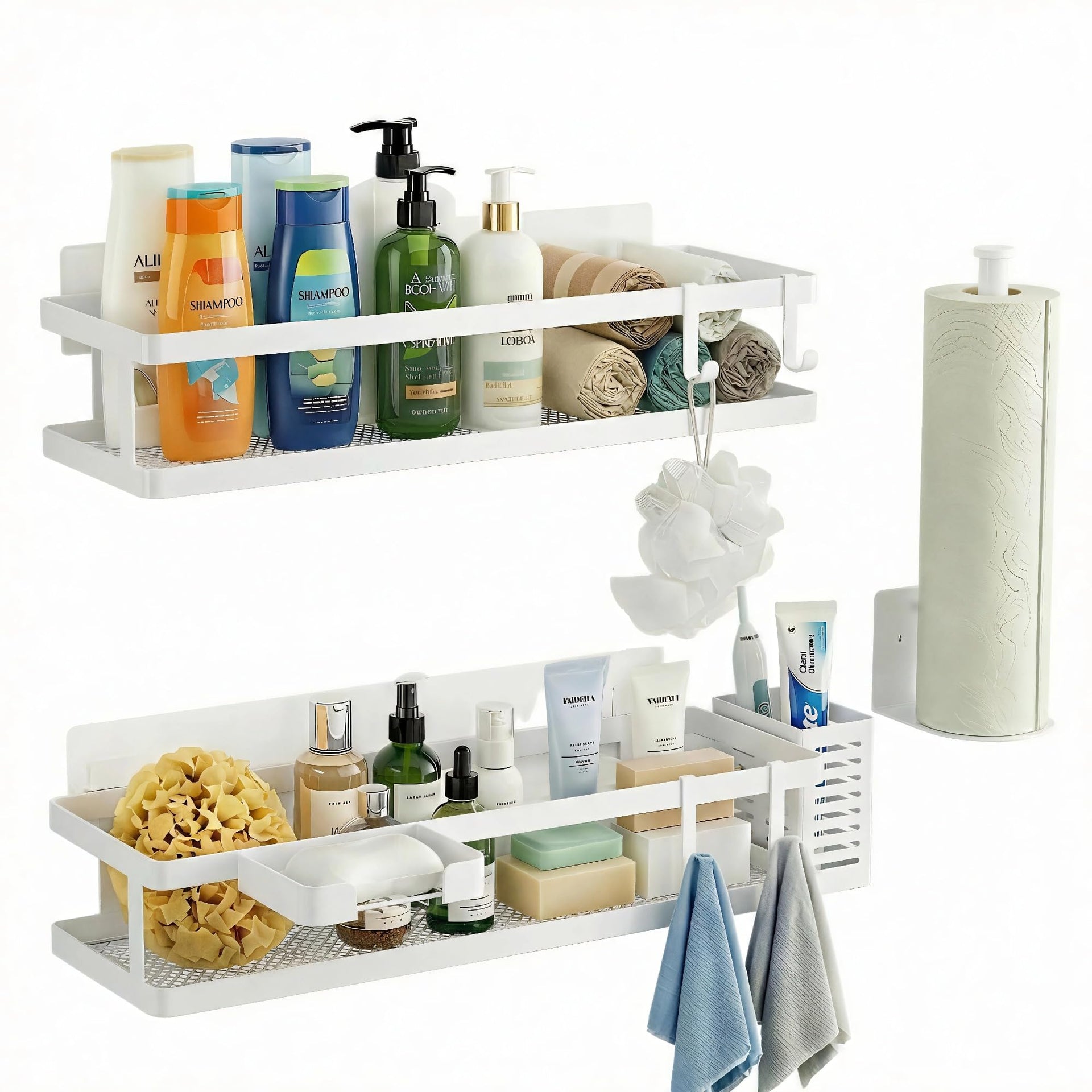 5-in-1 16.5" Extra Long Kitchen Organizer & Shower Caddy Set, Wall Mount Spice Rack with Paper Towel Holder, Utensil Holder & Soap Dish, Rustproof Mesh - White, Guardrail