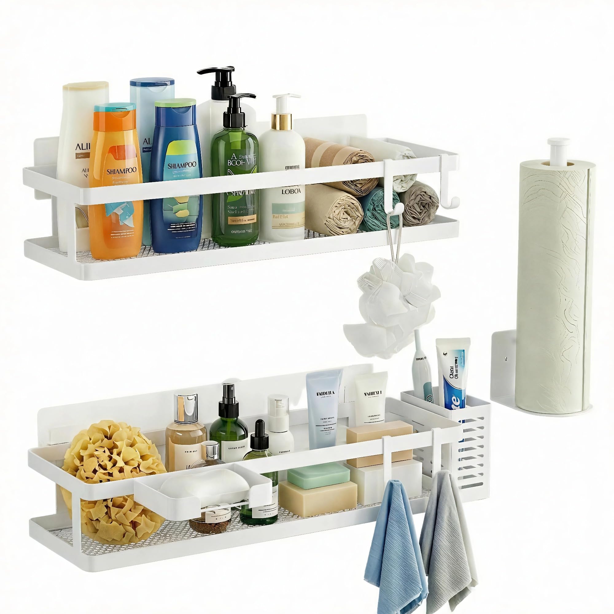 5-in-1 16.5" Extra Long Kitchen Organizer & Shower Caddy Set, Wall Mount Spice Rack with Paper Towel Holder, Utensil Holder & Soap Dish, Rustproof Mesh - White, Guardrail